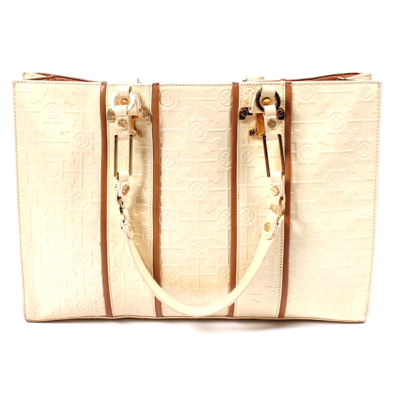 Tory Burch Cream Patent Leather Handbag Accented in Tan Leather