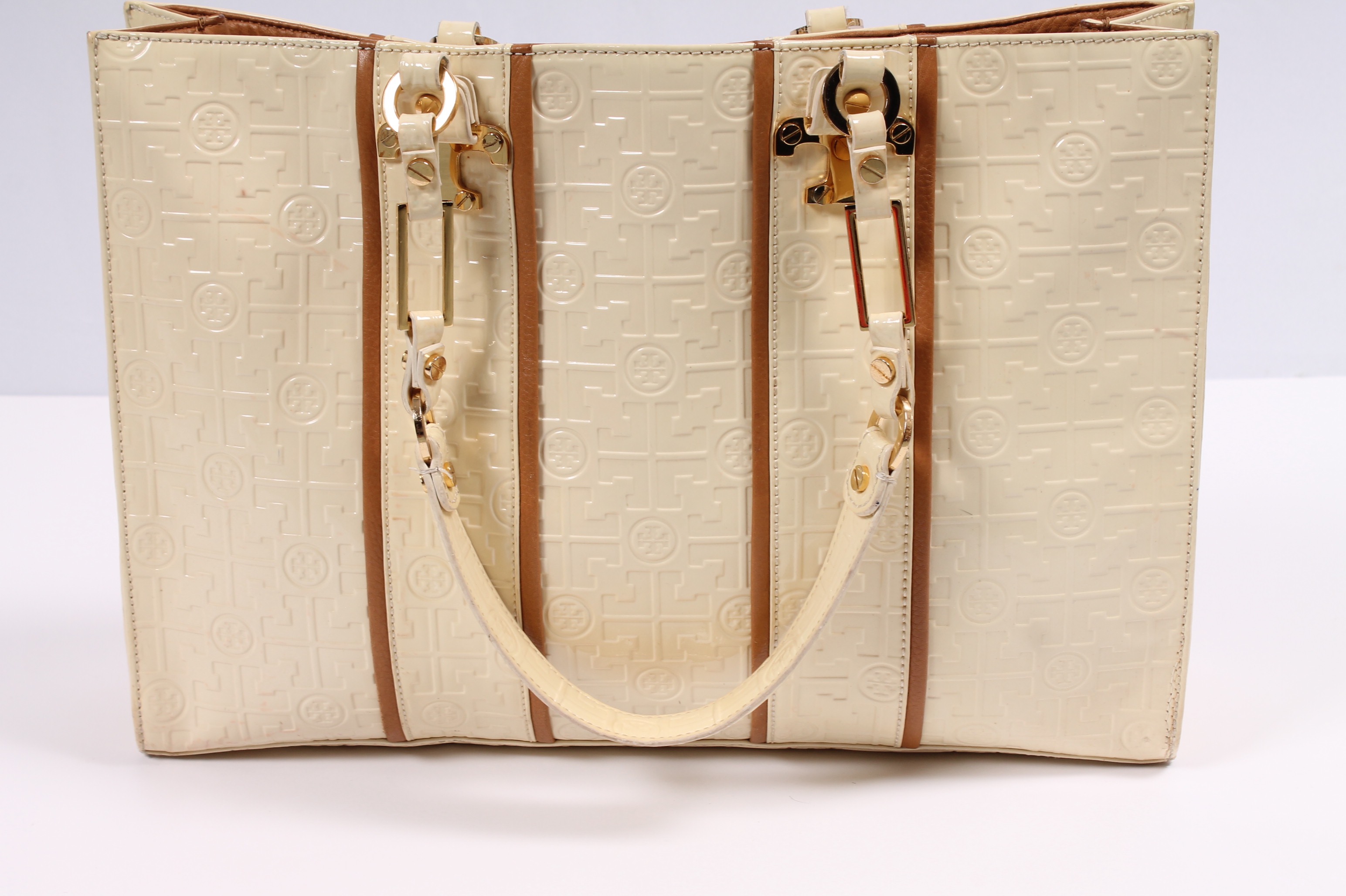 Tory Burch Cream Patent Leather Handbag Accented in Tan Leather