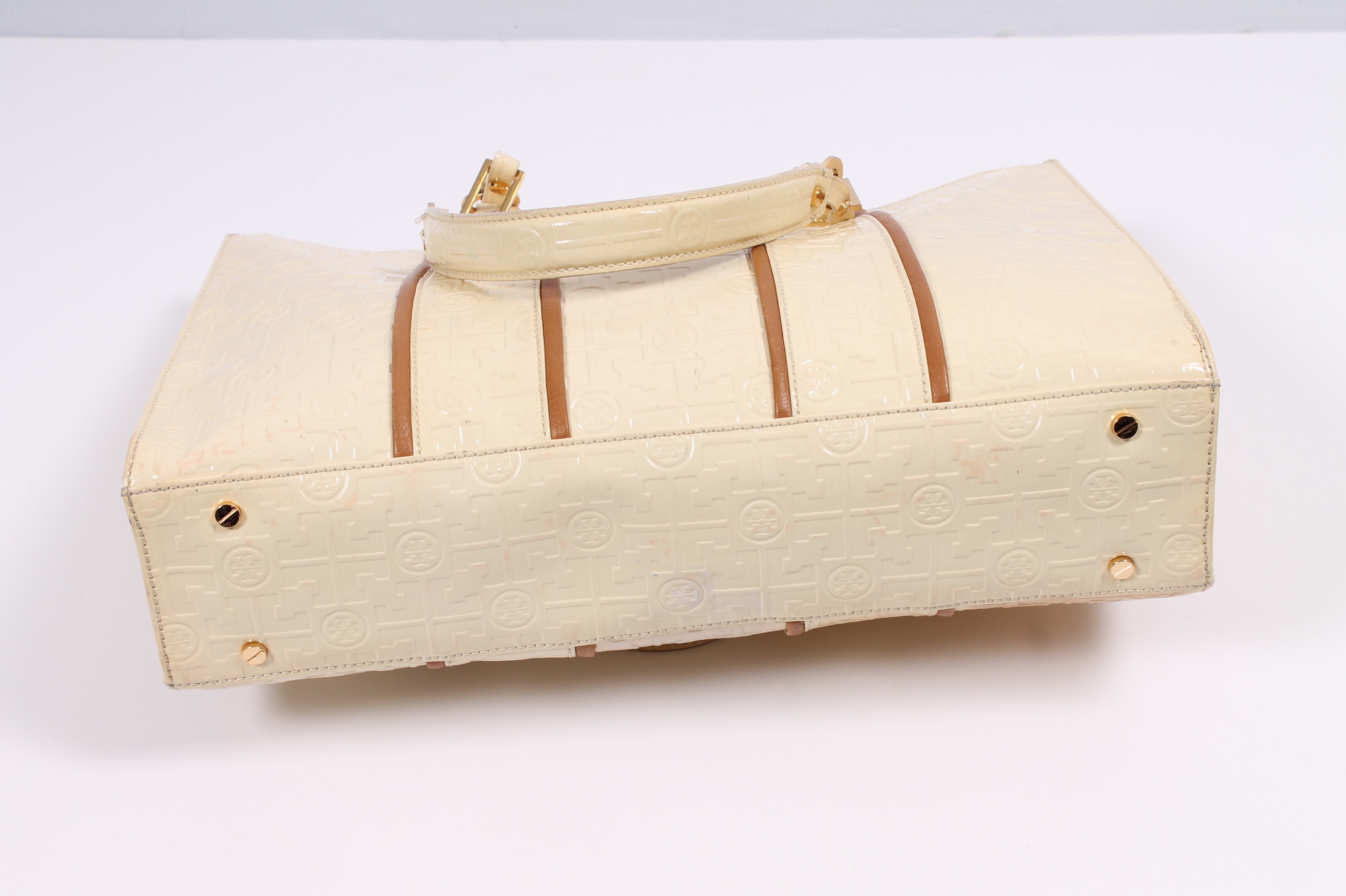 Tory Burch Cream Patent Leather Handbag Accented in Tan Leather