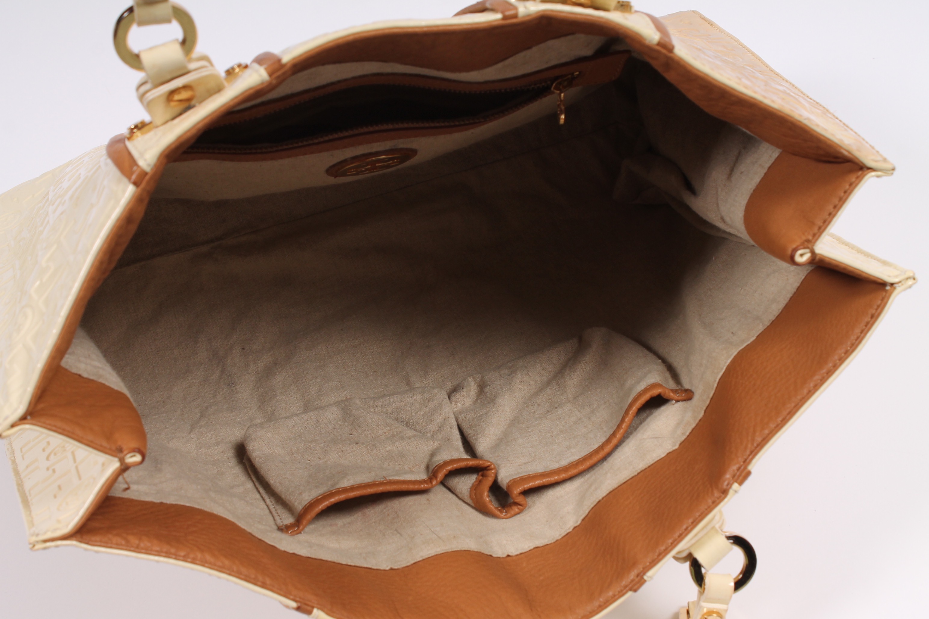 Tory Burch Cream Patent Leather Handbag Accented in Tan Leather