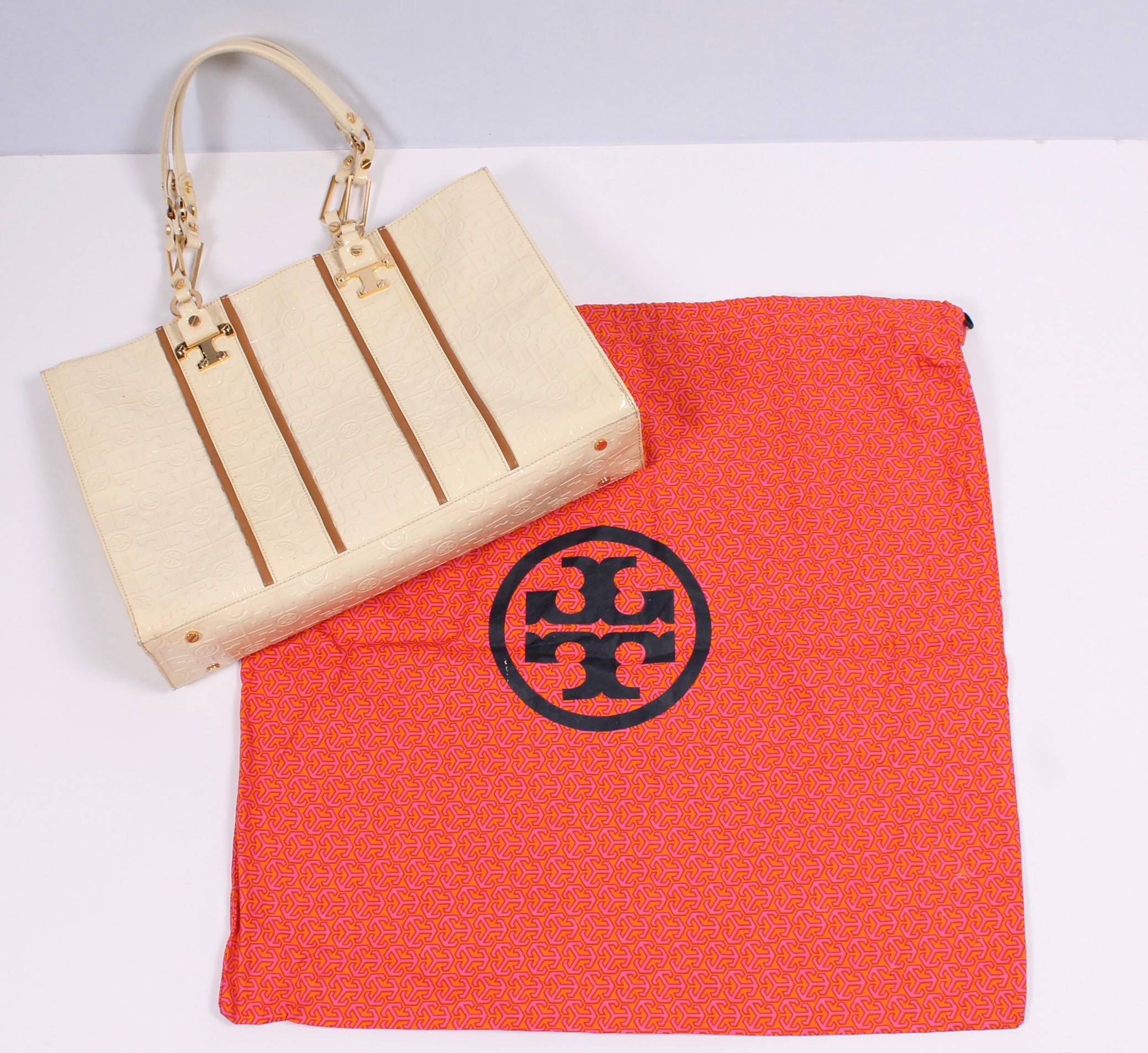 Tory Burch Cream Patent Leather Handbag Accented in Tan Leather