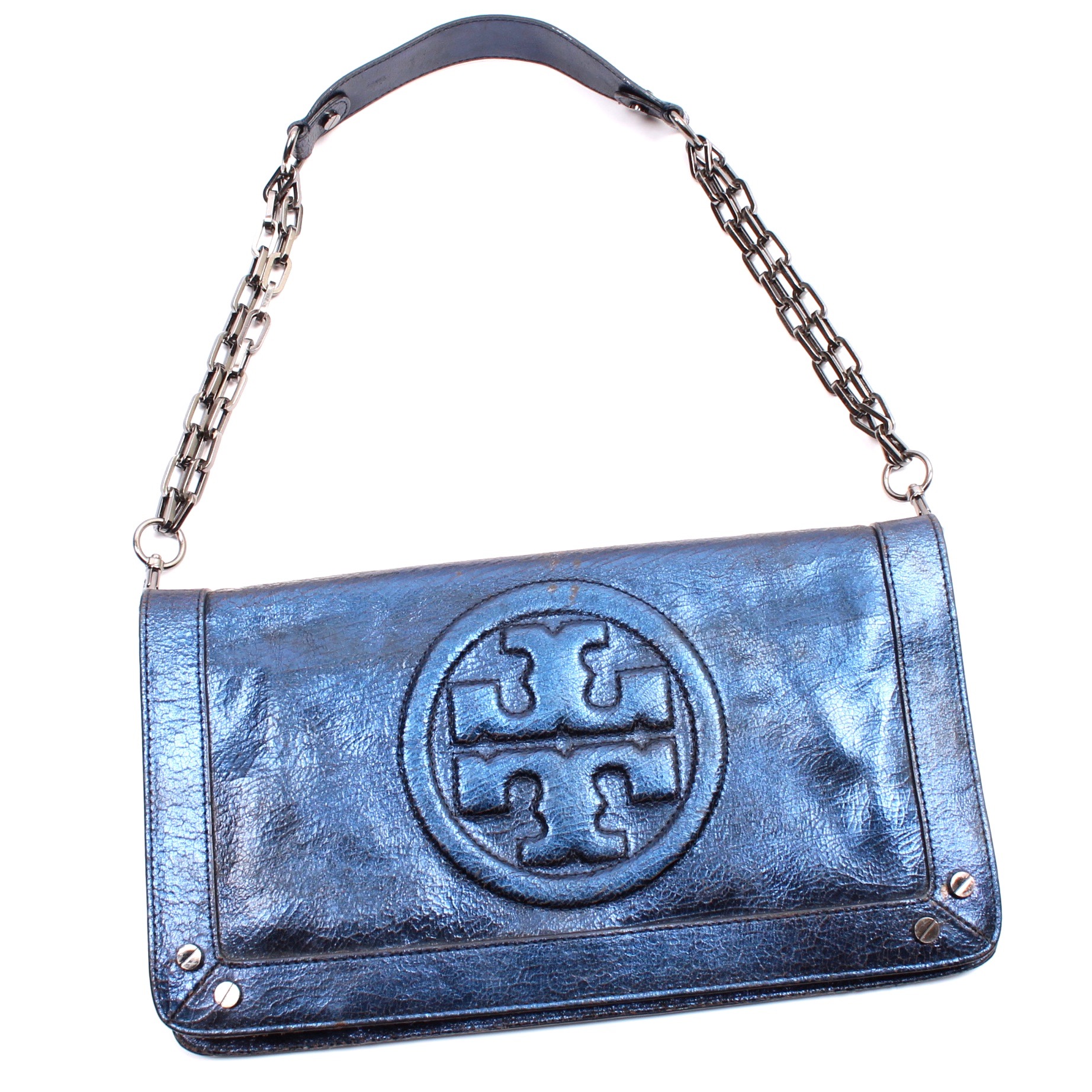 Tory Burch Blue Metallic Leather Evening Bag
