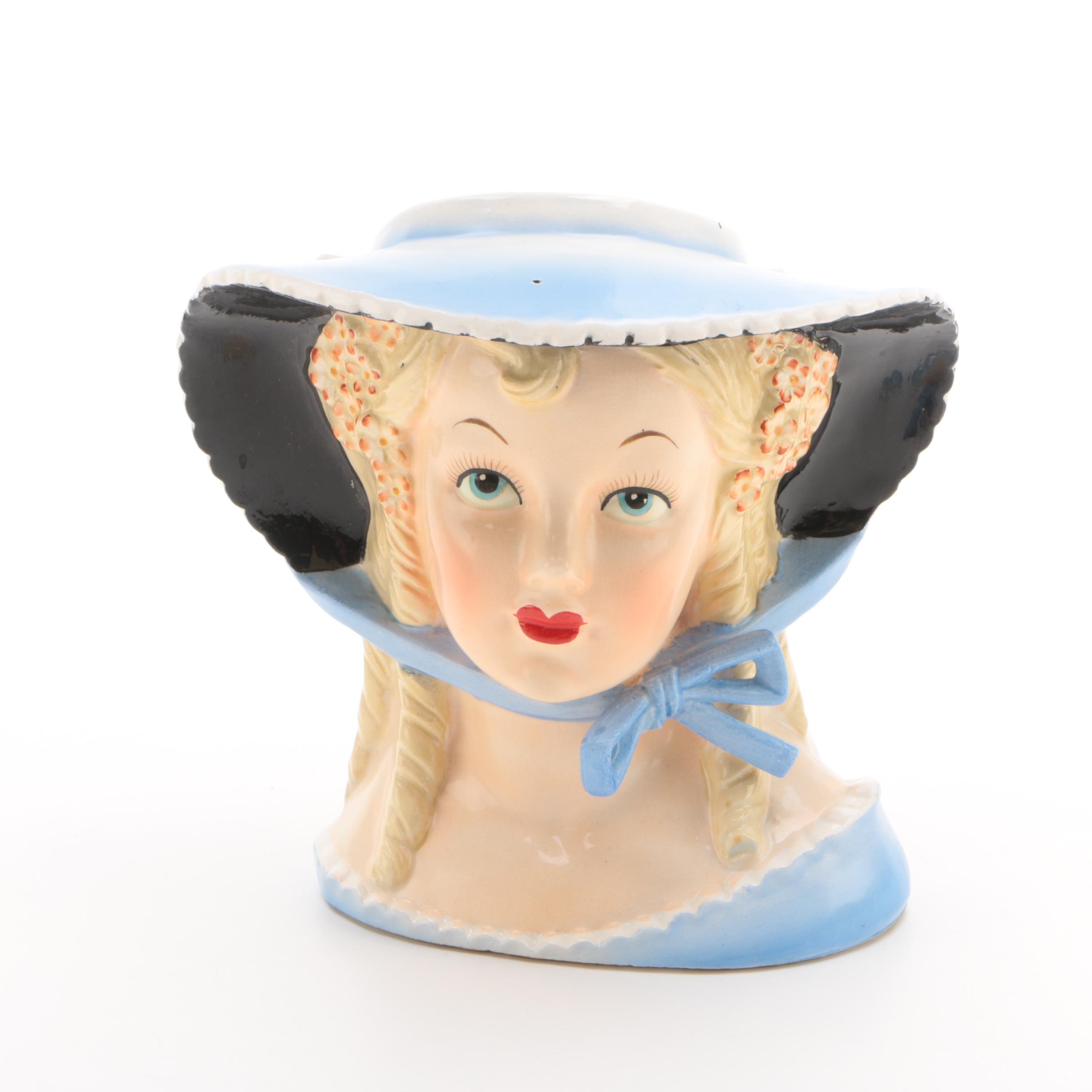 Vintage Ceramic Lady Head Vase with Blue Bonnet