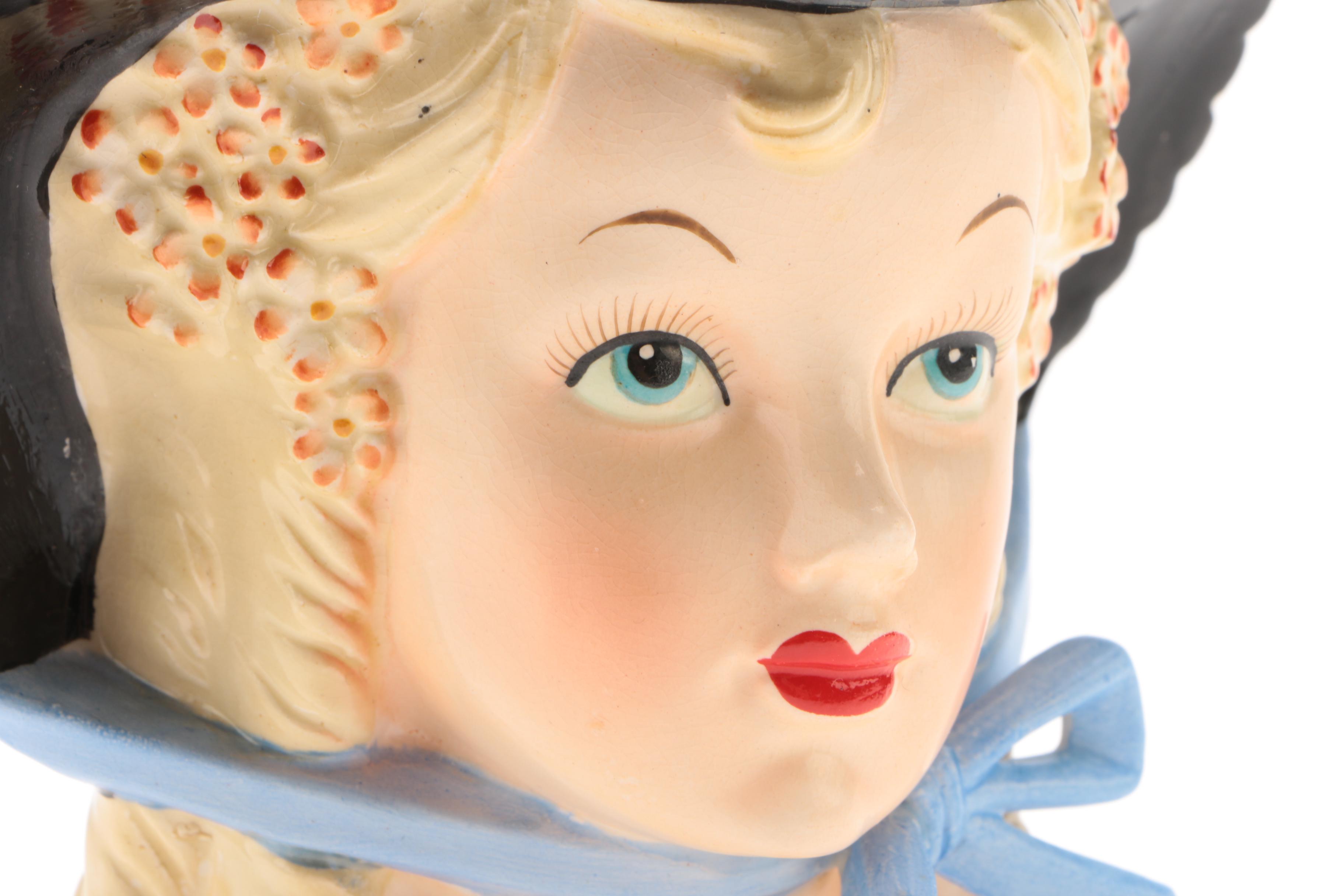 Vintage Ceramic Lady Head Vase with Blue Bonnet