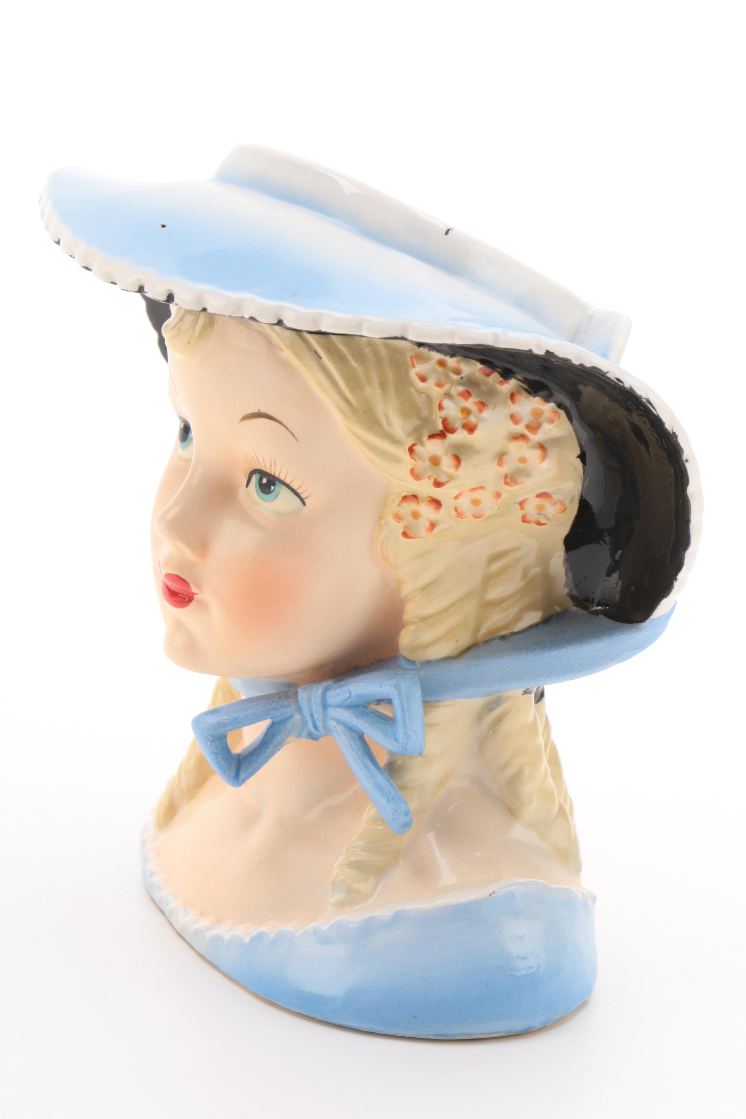 Vintage Ceramic Lady Head Vase with Blue Bonnet