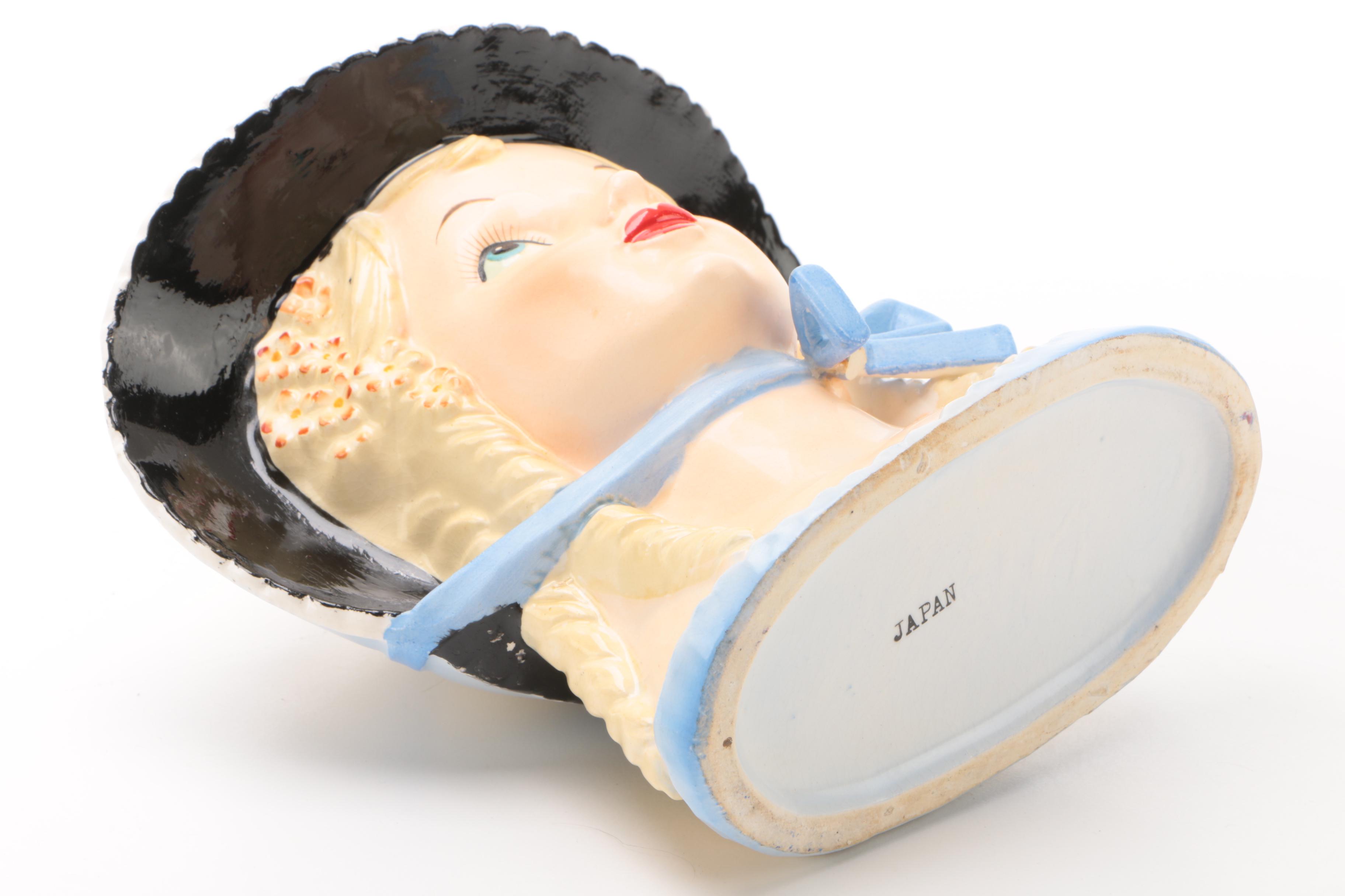 Vintage Ceramic Lady Head Vase with Blue Bonnet