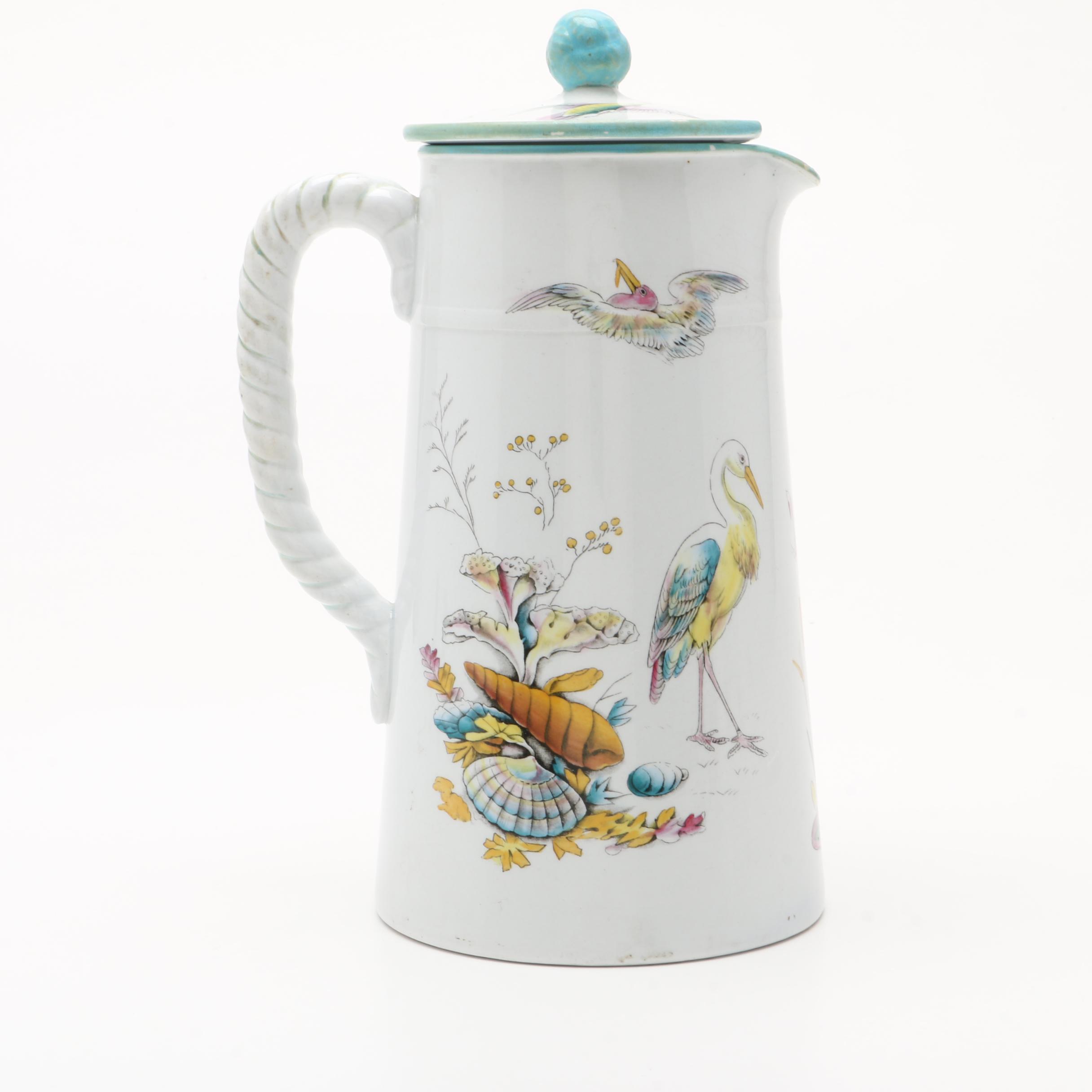 Hand Painted Porcelain Covered Pitcher with Entwined Handle