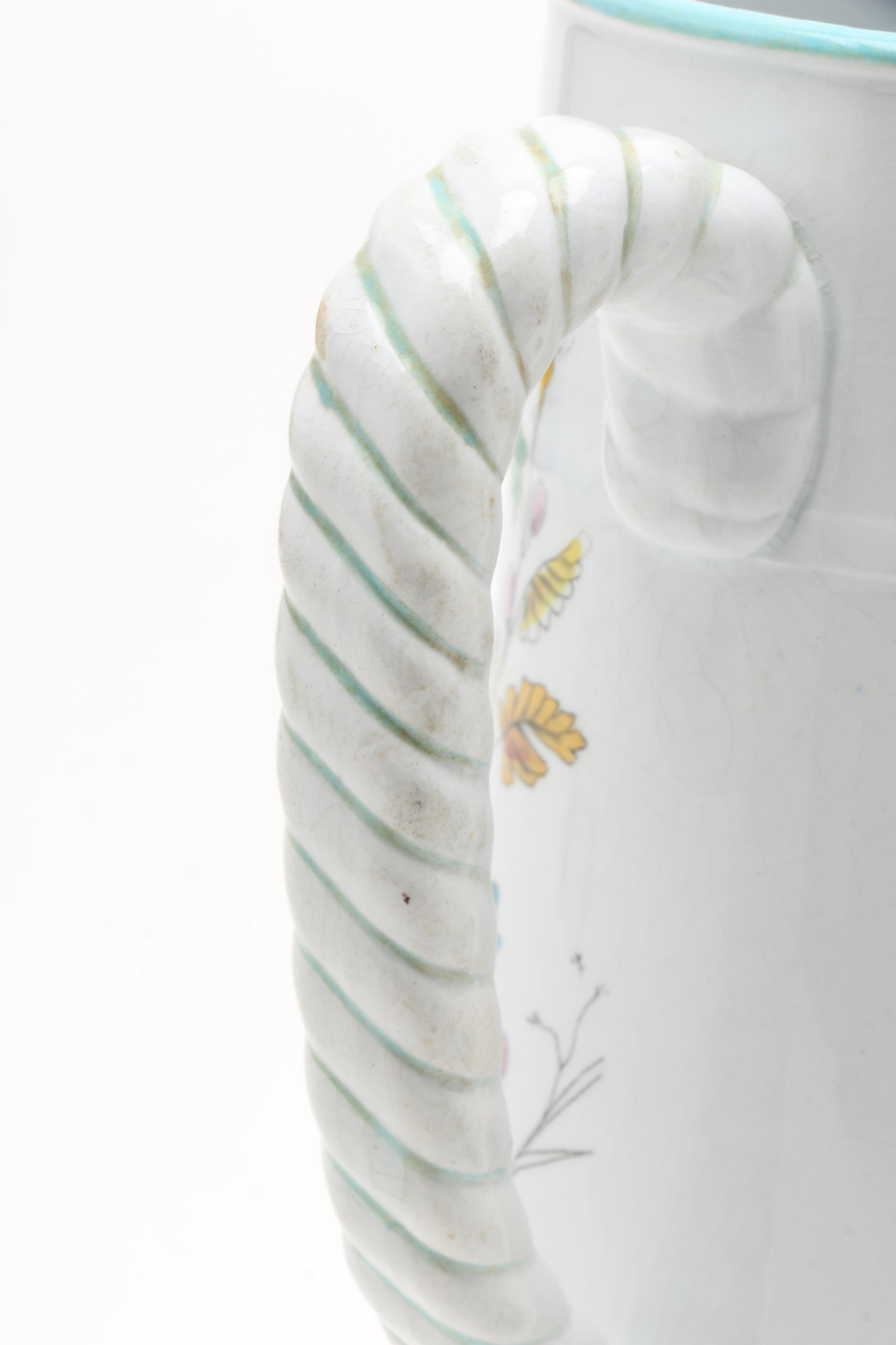 Hand Painted Porcelain Covered Pitcher with Entwined Handle