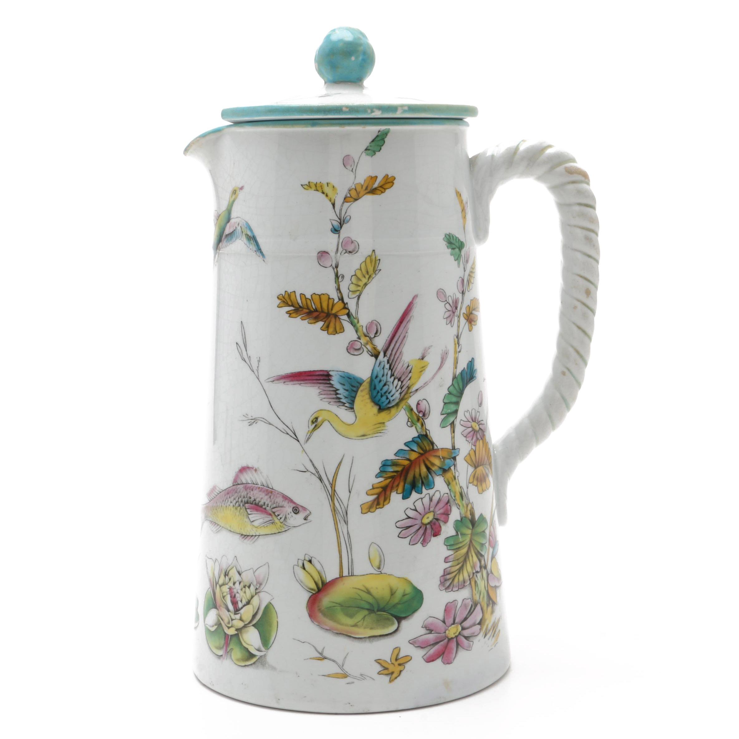 Hand Painted Porcelain Covered Pitcher with Entwined Handle