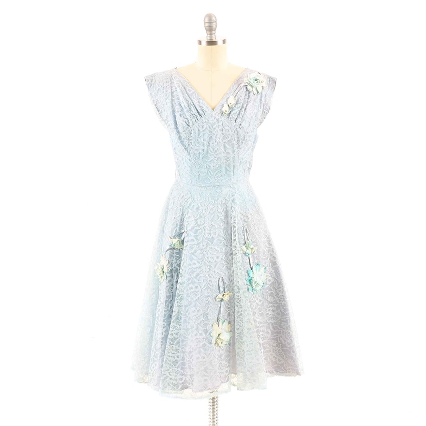 1950s Vintage Blue Lace Dress with Floral Appliqué