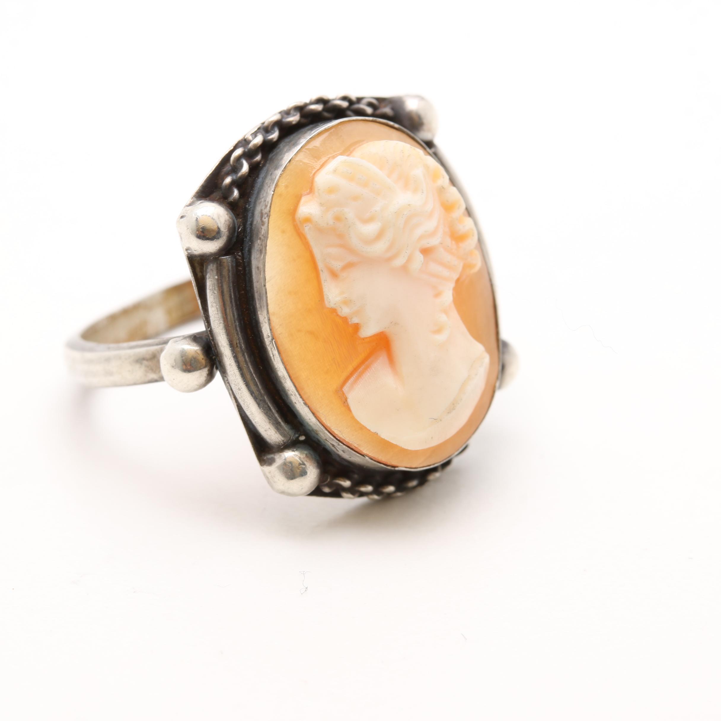 Circa Early 20th Century Cameo Jewelry Including 800 Silver Ring