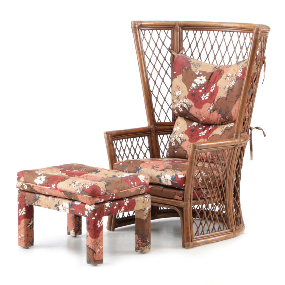 Rattan High-Back Lounge Chair and Upholstered Ottoman