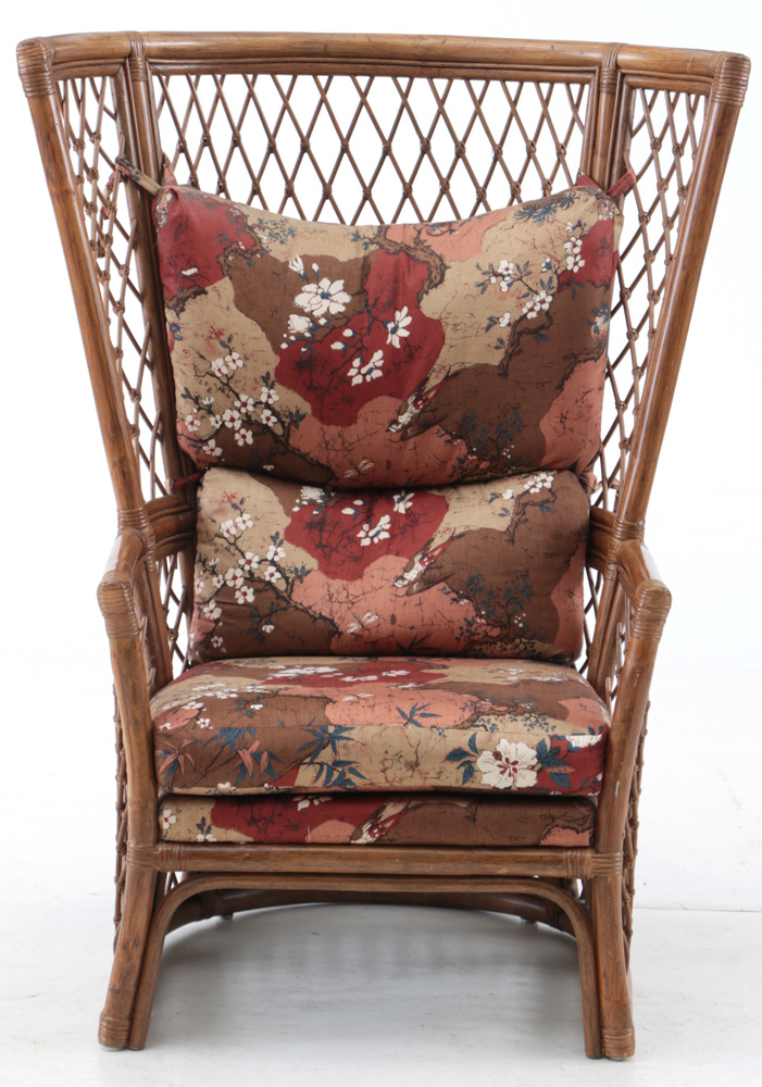 Rattan High-Back Lounge Chair and Upholstered Ottoman