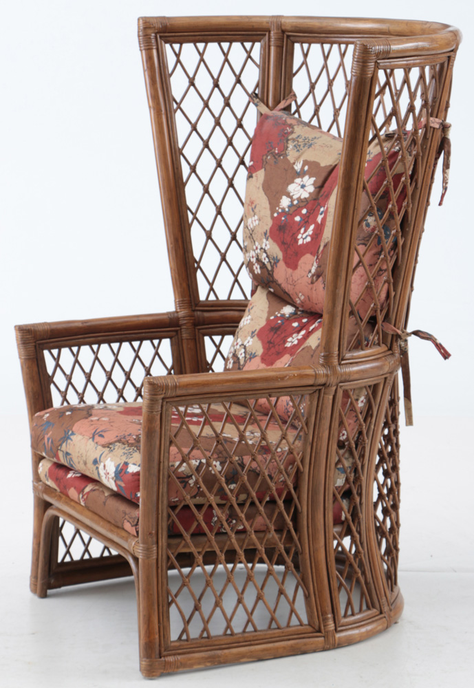 Rattan High-Back Lounge Chair and Upholstered Ottoman