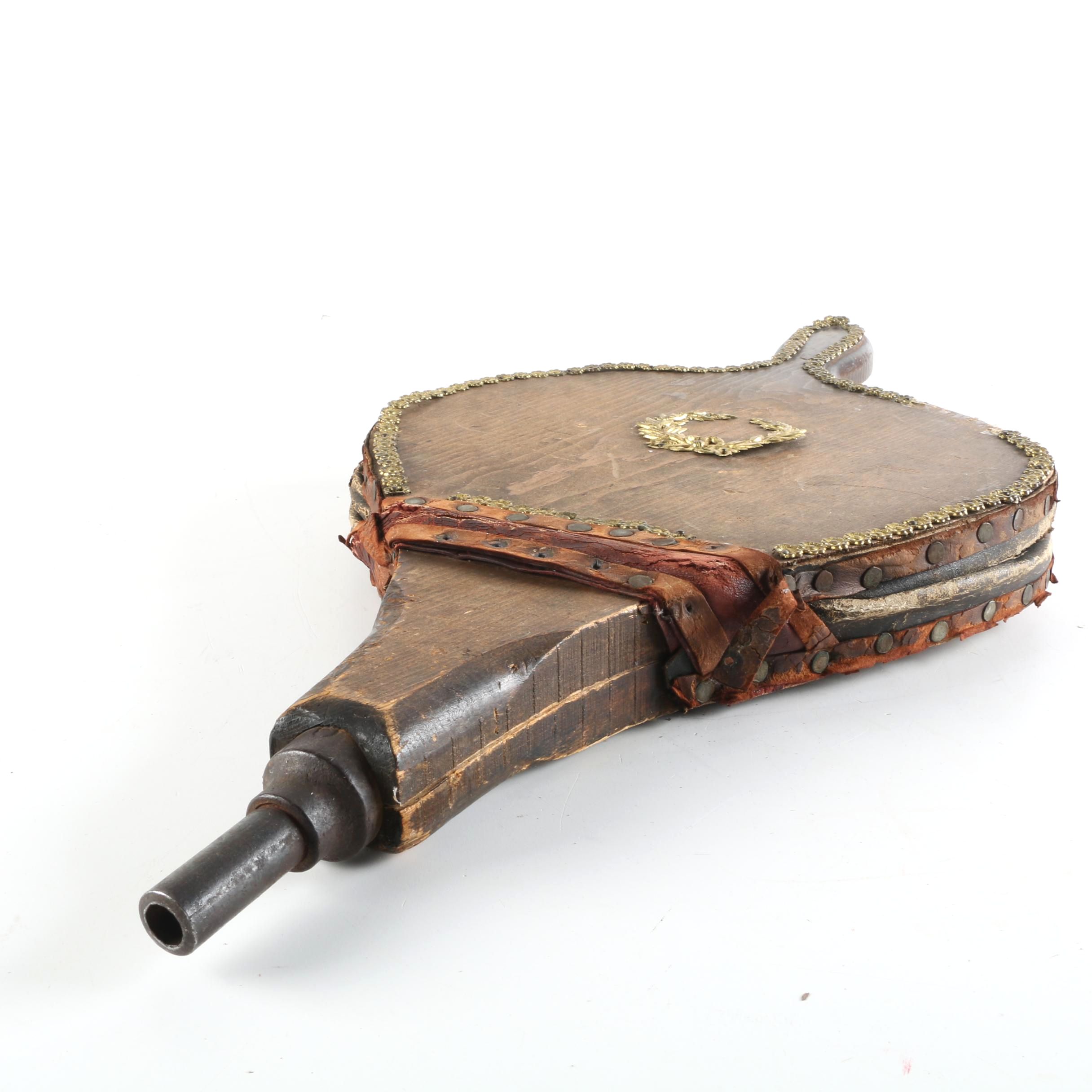 Antique Wooden Bellows with Gold-Toned Floral Accents and Leather Strap