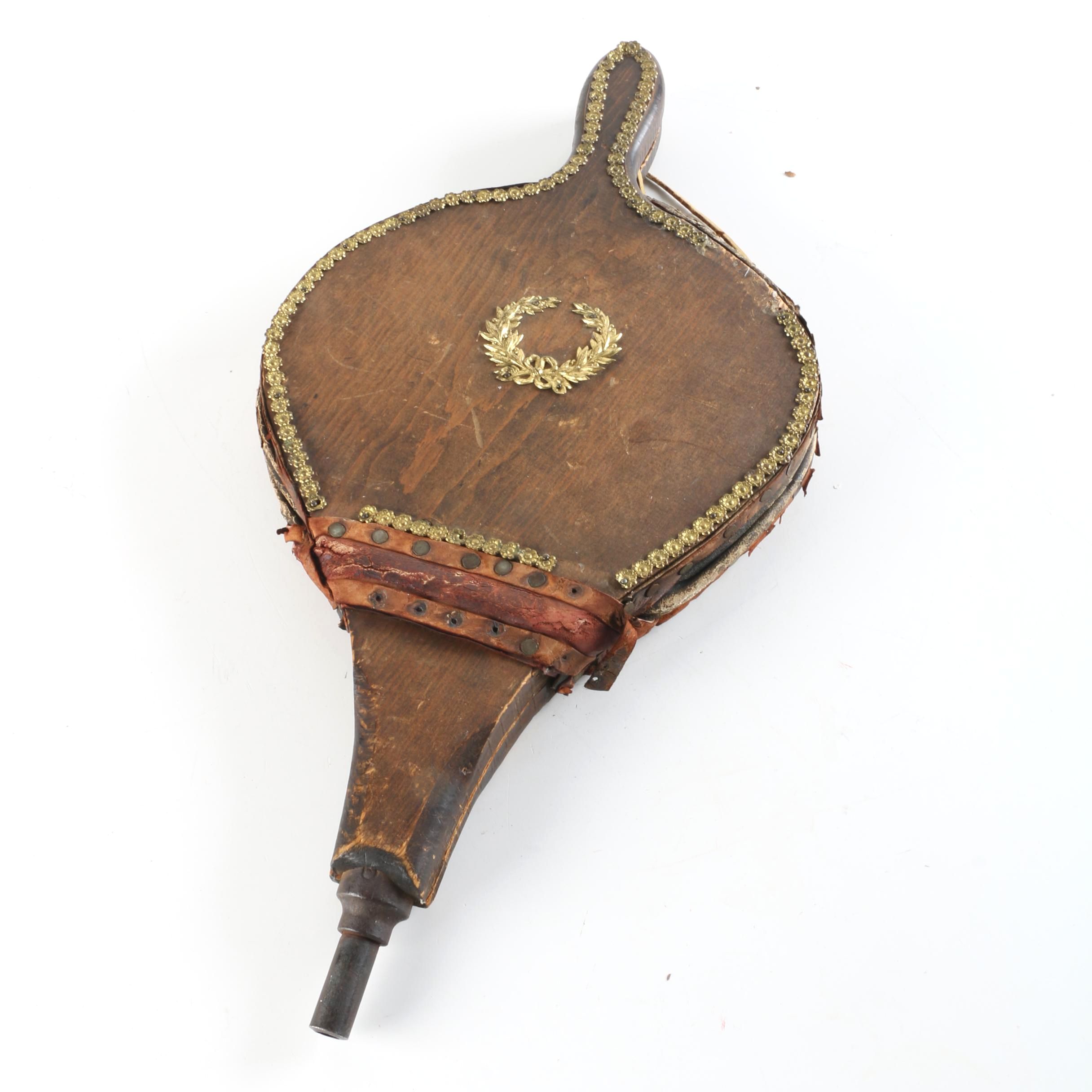 Antique Wooden Bellows with Gold-Toned Floral Accents and Leather Strap