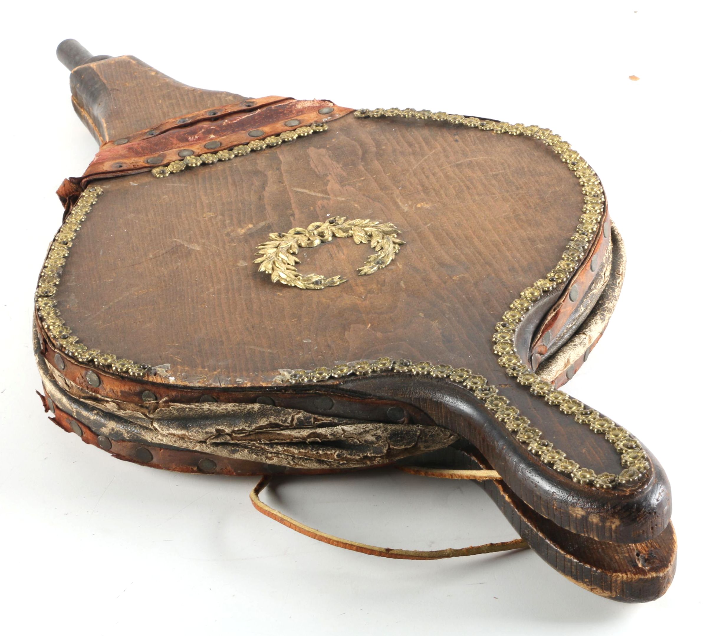 Antique Wooden Bellows with Gold-Toned Floral Accents and Leather Strap