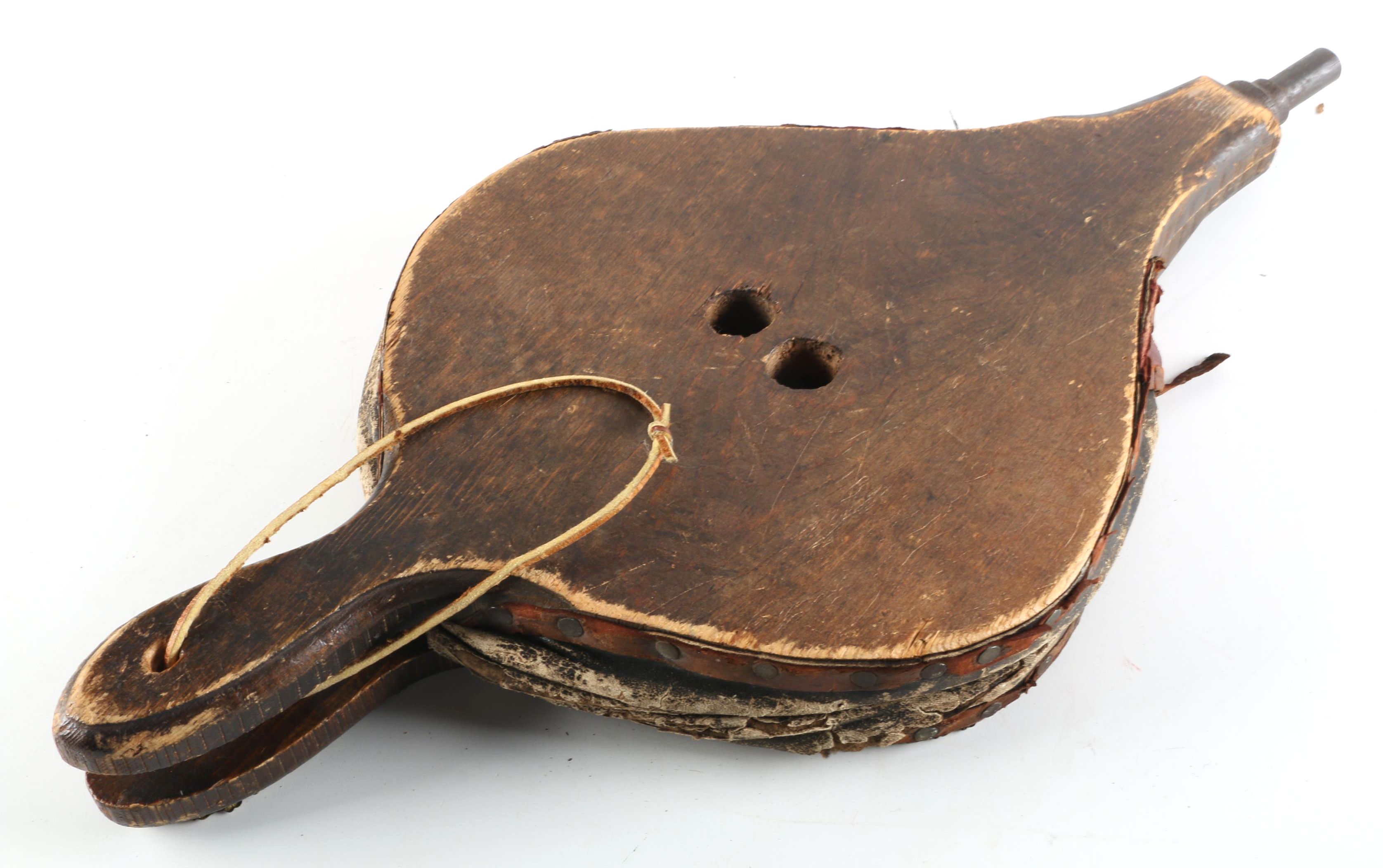 Antique Wooden Bellows with Gold-Toned Floral Accents and Leather Strap
