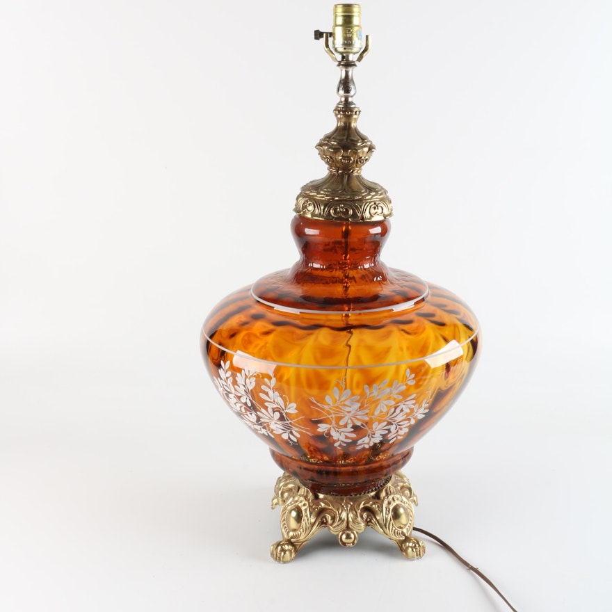 Hand-Pained Amber Glass Table Lamp with Interior Lighting by EF & EF Industries