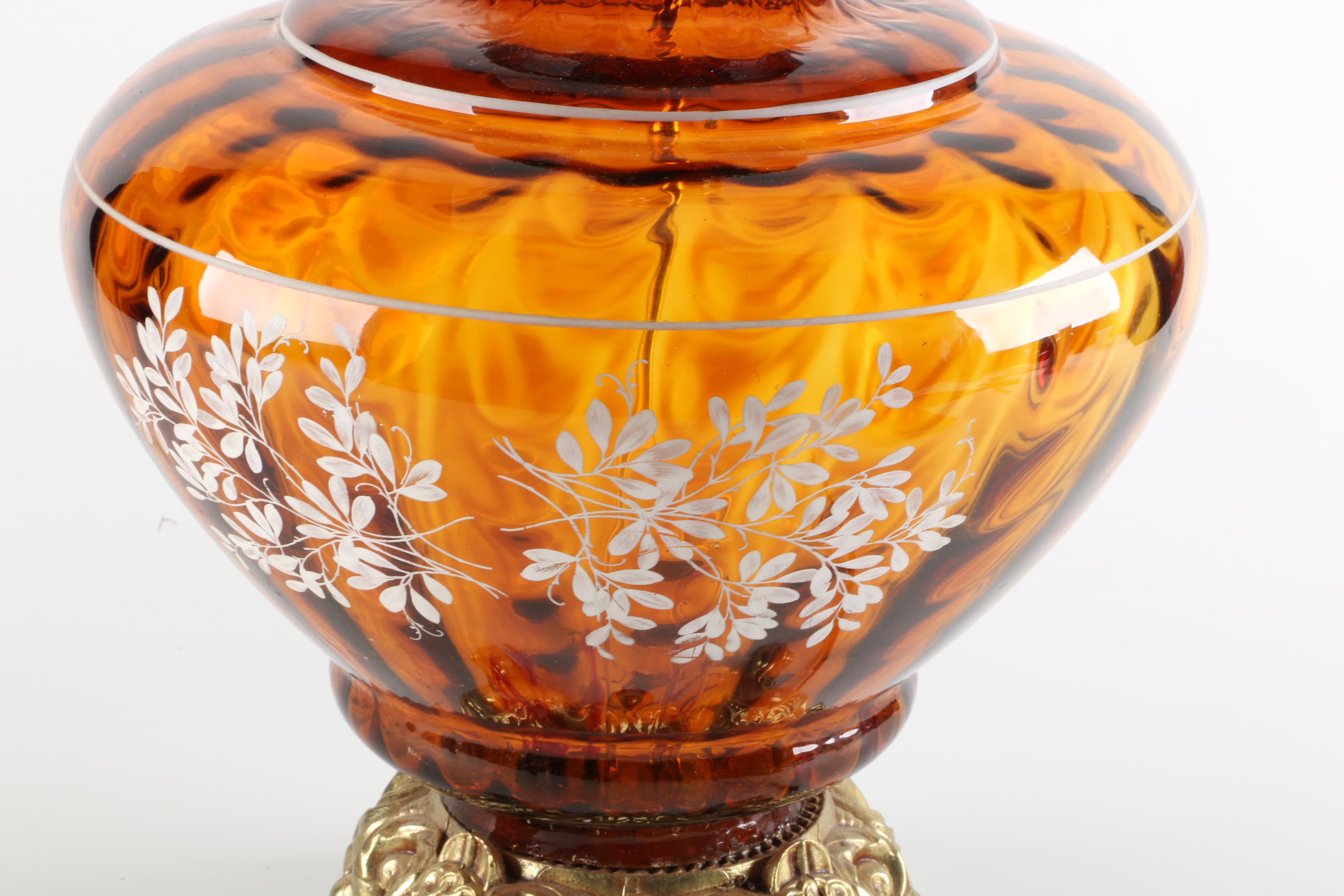 Hand-Pained Amber Glass Table Lamp with Interior Lighting by EF & EF Industries