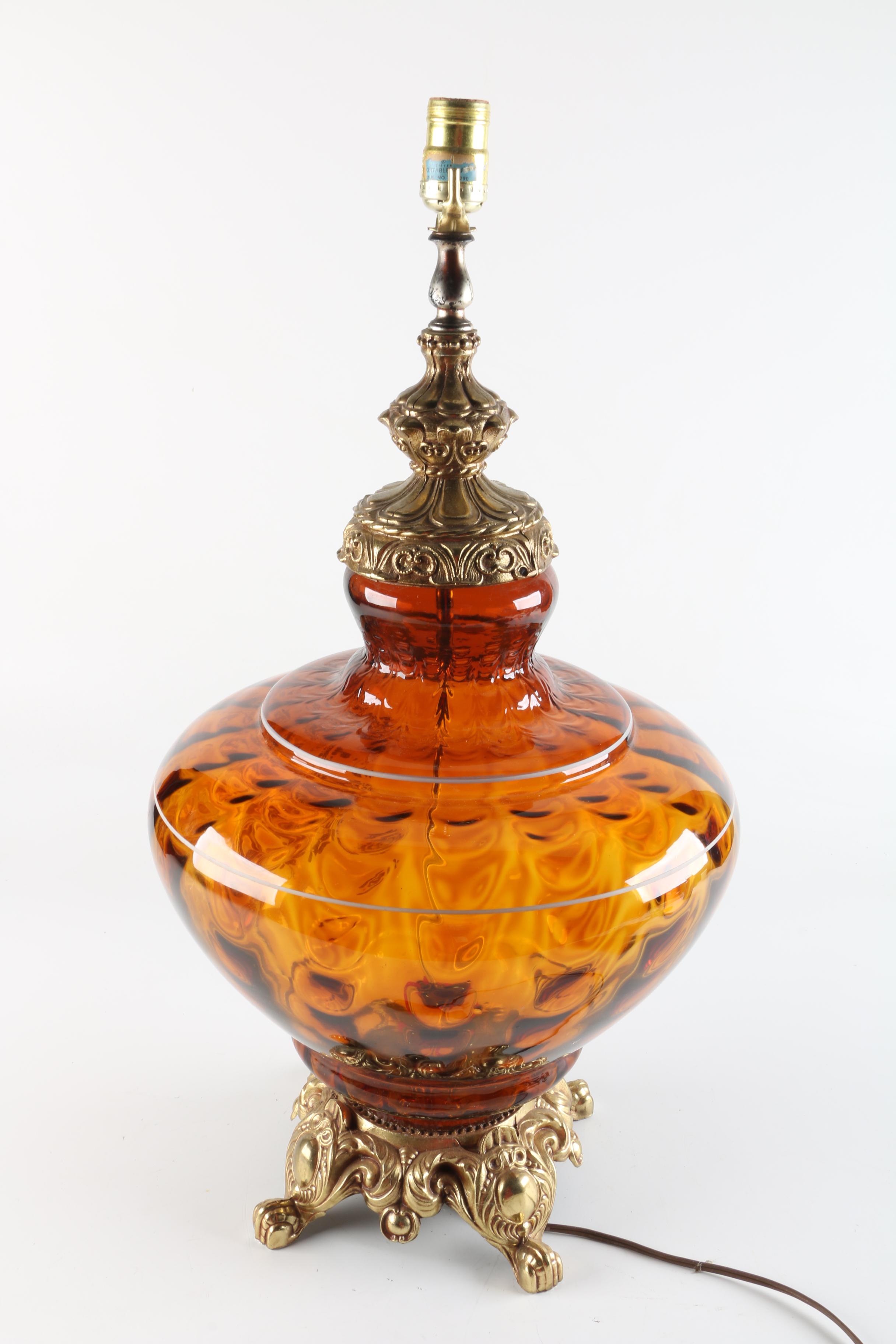 Hand-Pained Amber Glass Table Lamp with Interior Lighting by EF & EF Industries