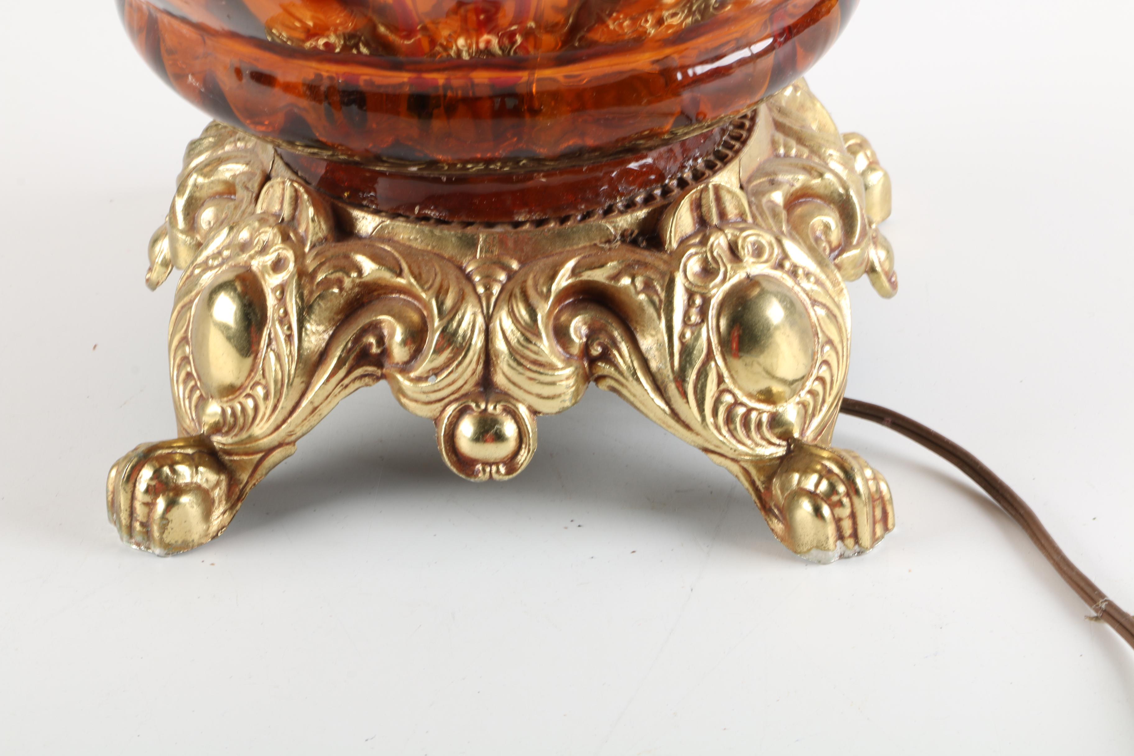 Hand-Pained Amber Glass Table Lamp with Interior Lighting by EF & EF Industries