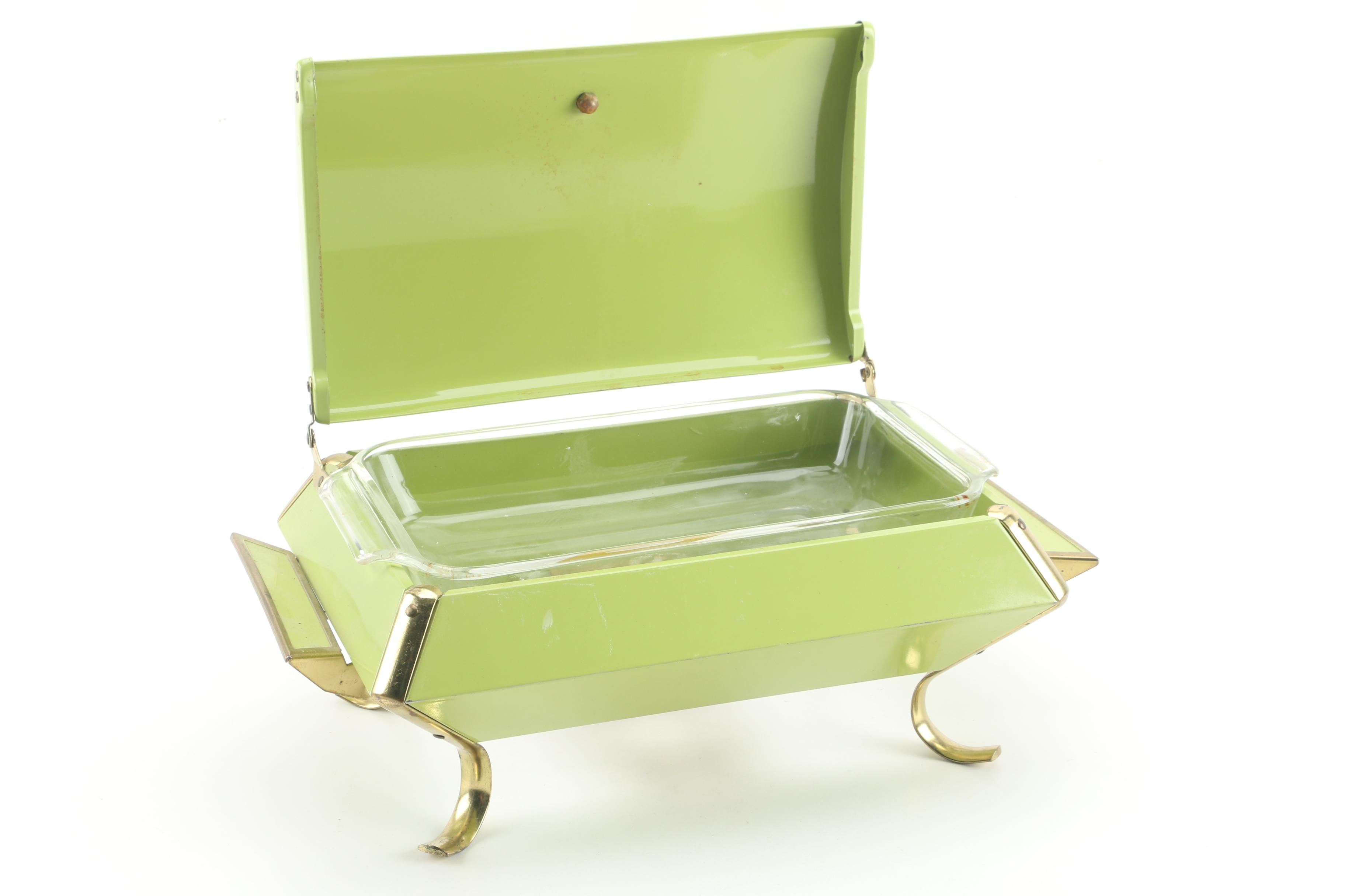 Vintage Fire-King Green Enameled Chafing Dish with Glass Insert