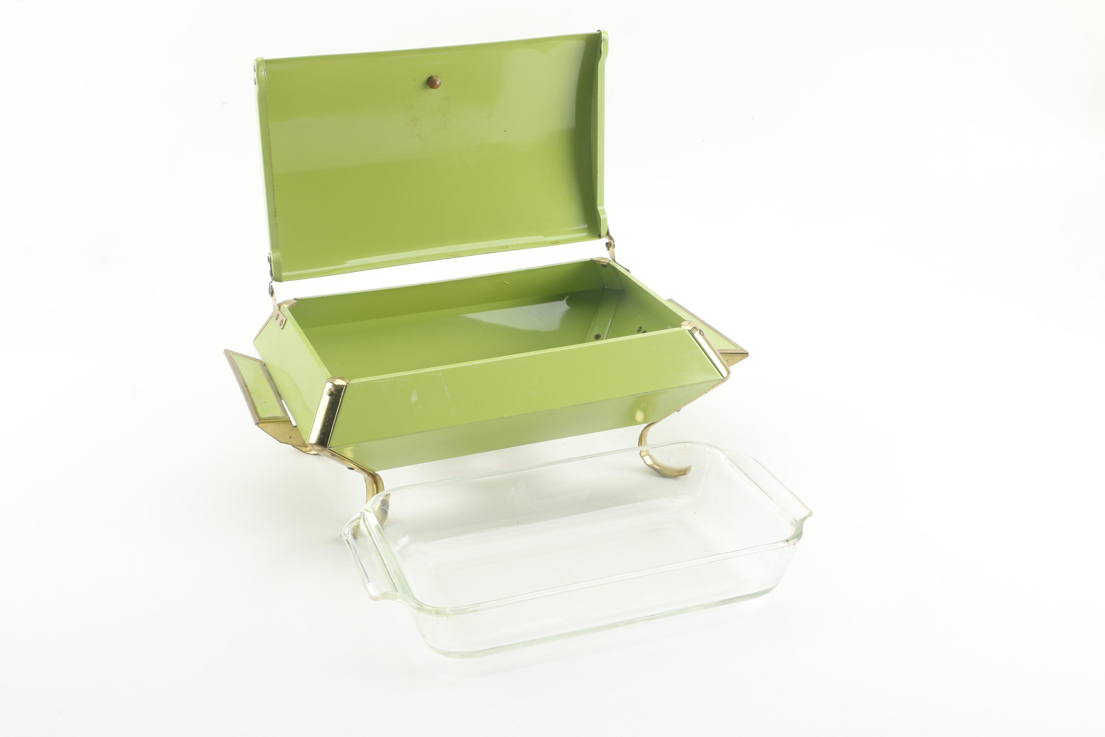 Vintage Fire-King Green Enameled Chafing Dish with Glass Insert