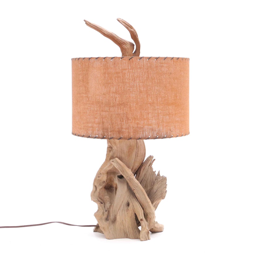 Mid Century Cypress Knee Lamp with Burlap Drum Shade