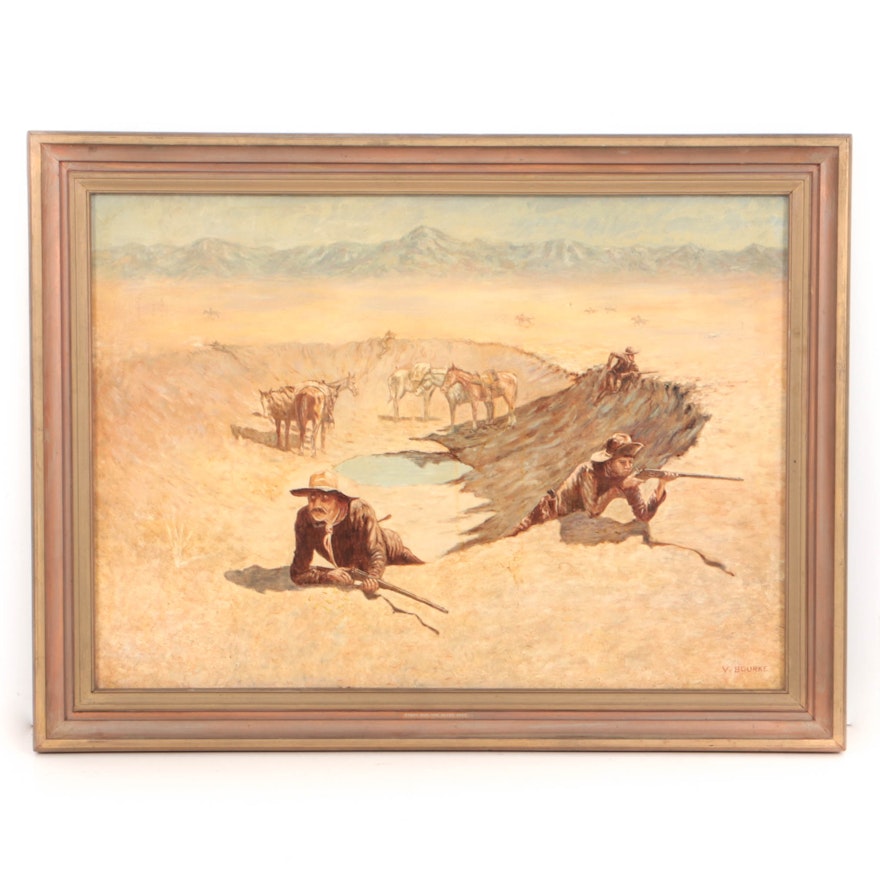 V. Bourke Oil Painting on Canvas of Cowboys on the Lookout