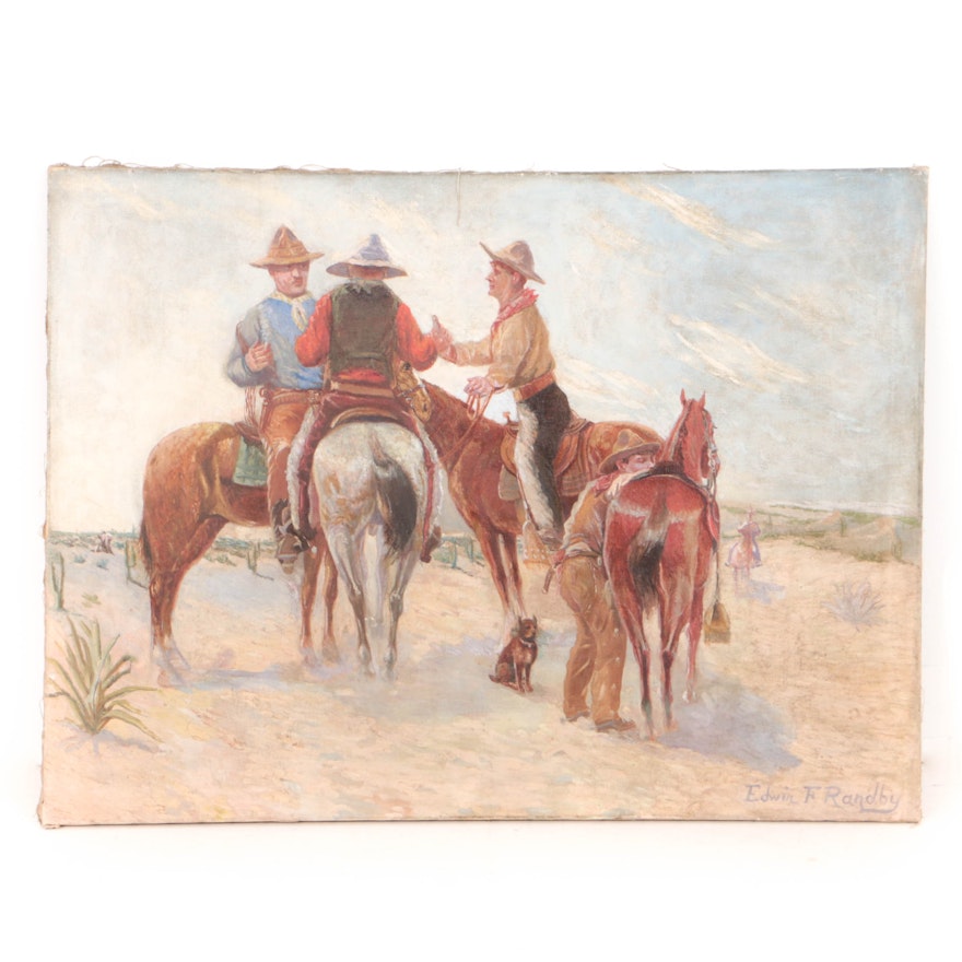 Edwin F. Randby Early 20th-Century Oil Painting on Canvas "Ranch Gossip"