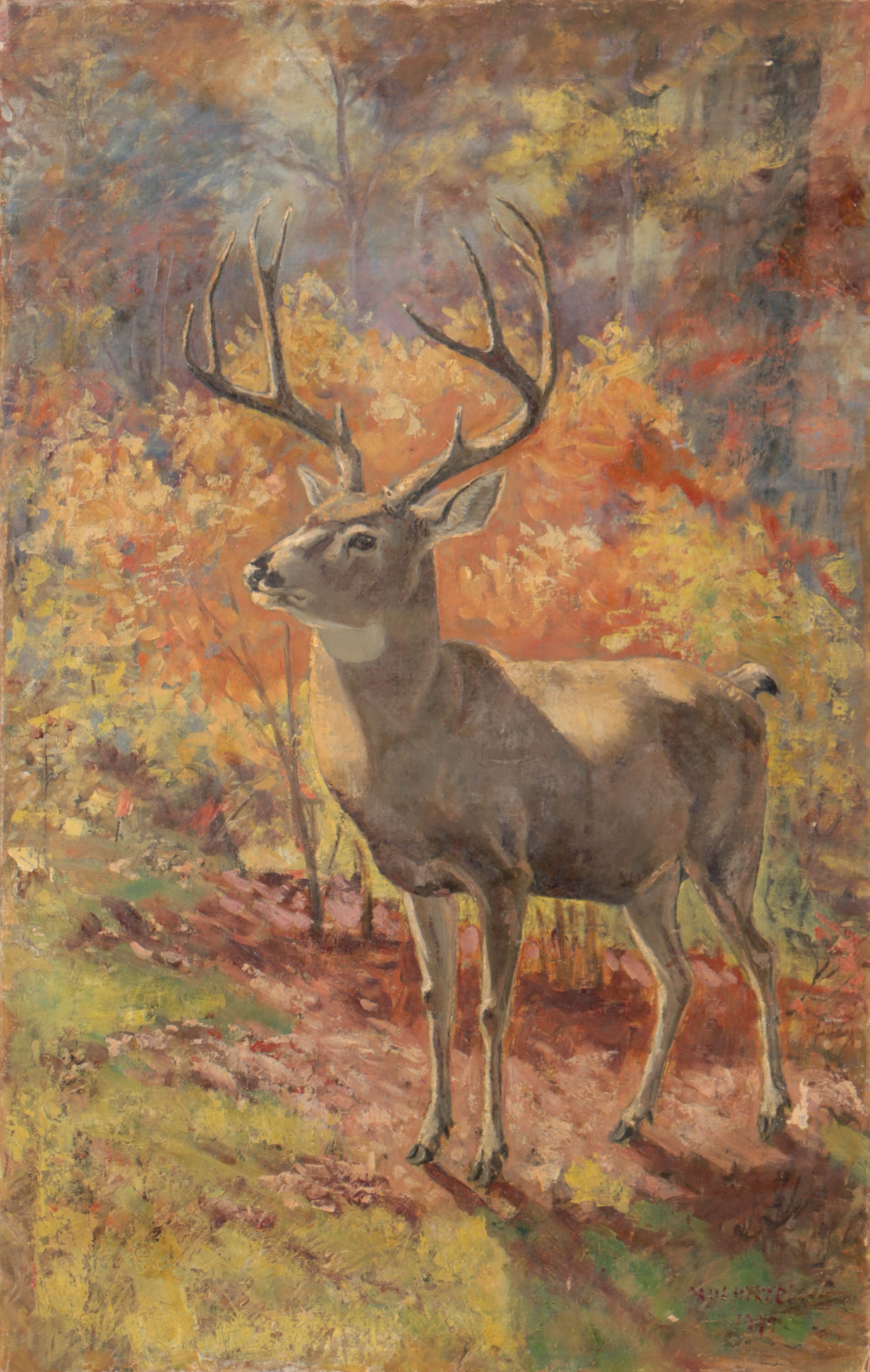 Paul Herzel 1919 Oil Painting on Canvas of a Buck