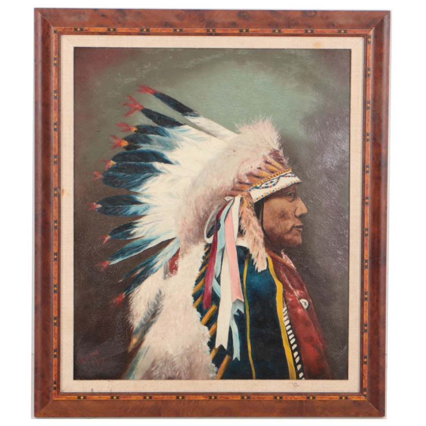 1907 Oil Painting on Board of Brulé Lakota Chief Hollow Horn Bear