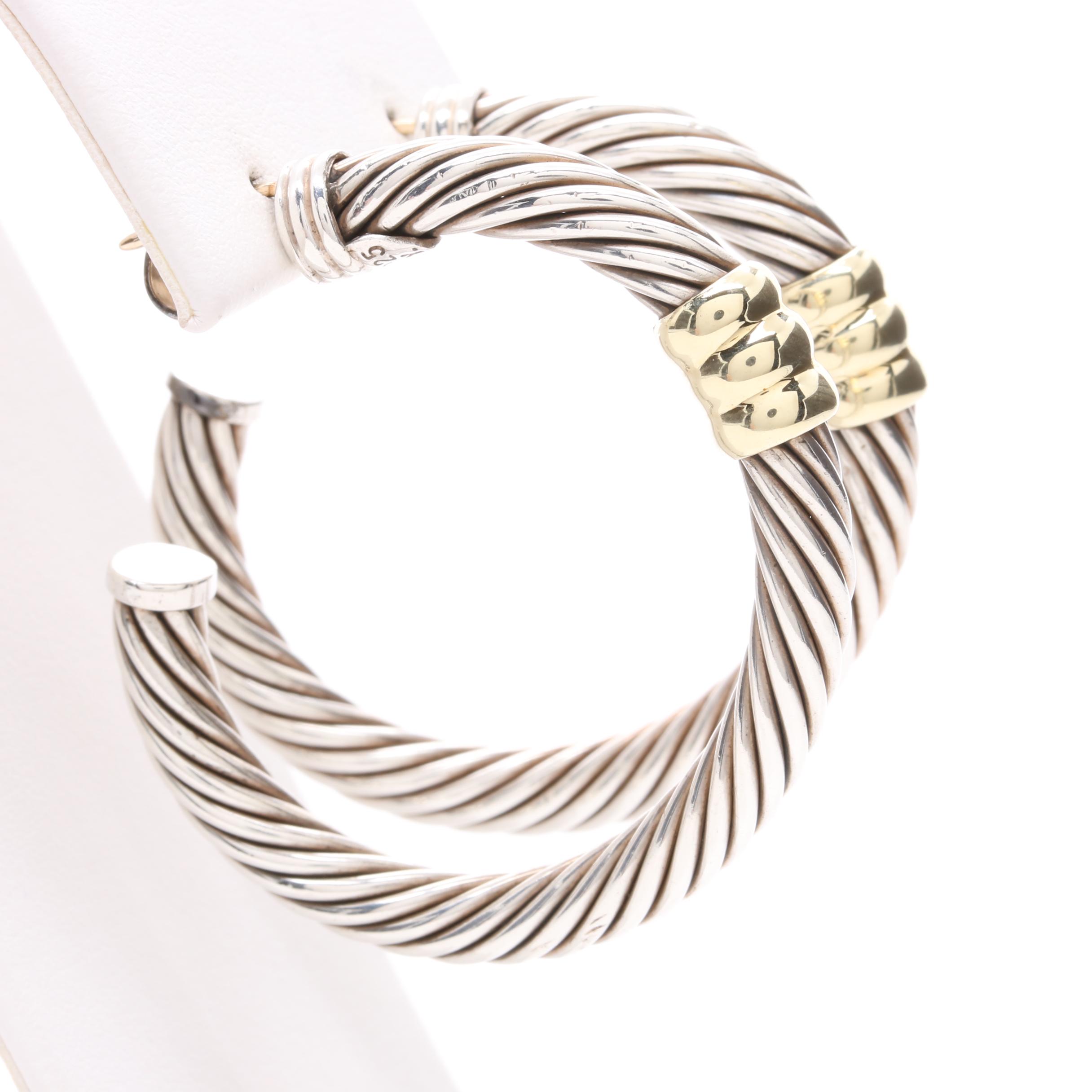 David Yurman Sterling Silver and 18K Yellow Gold Hoop Earrings