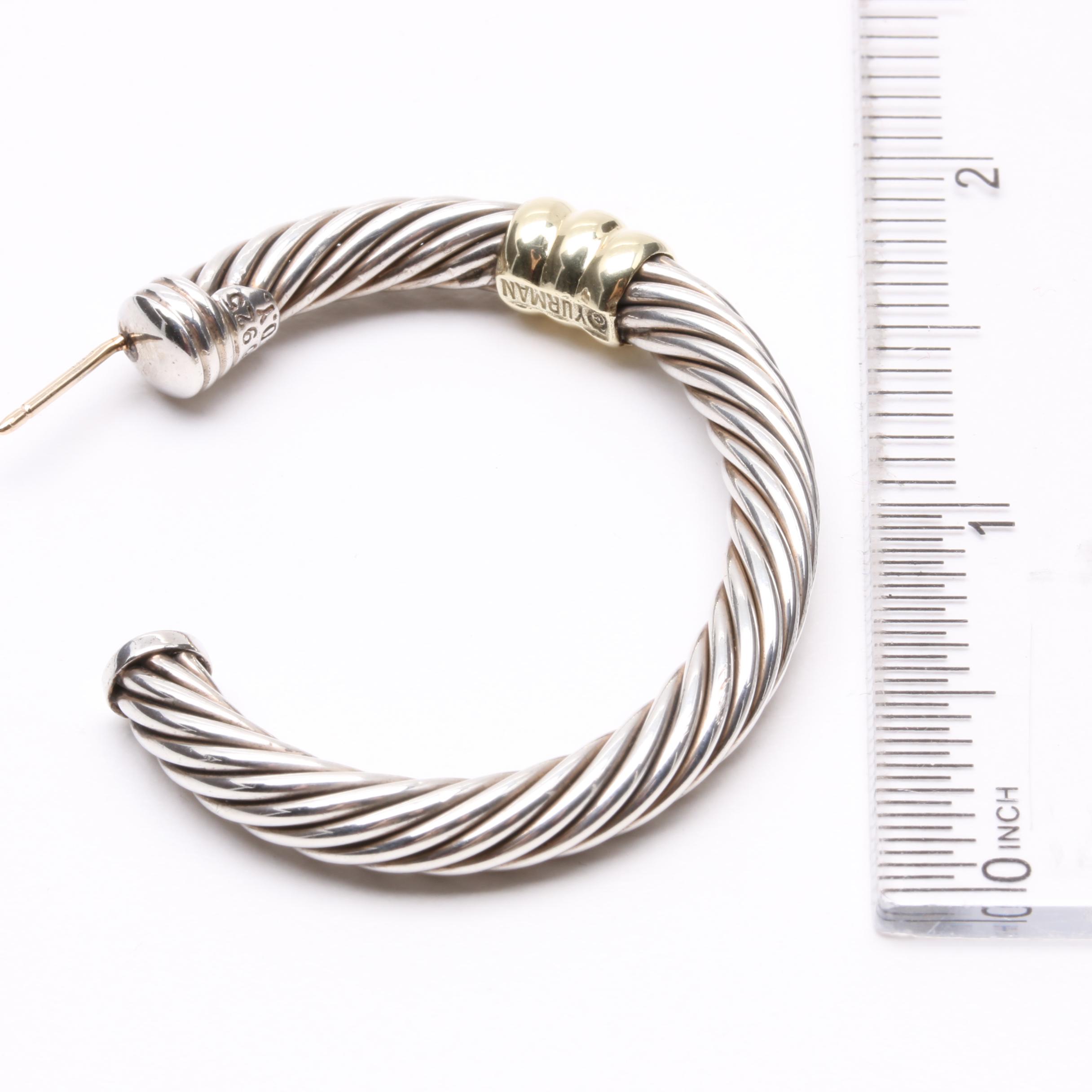 David Yurman Sterling Silver and 18K Yellow Gold Hoop Earrings