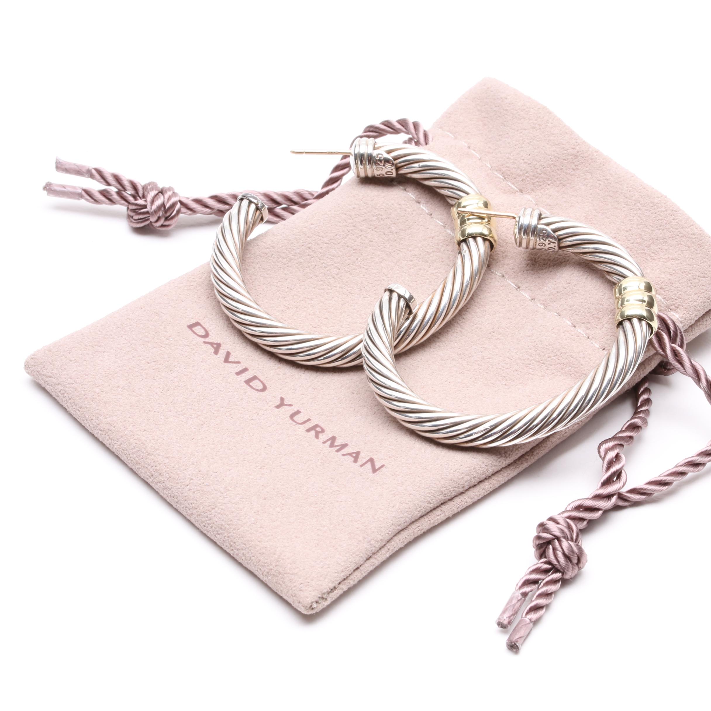 David Yurman Sterling Silver and 18K Yellow Gold Hoop Earrings