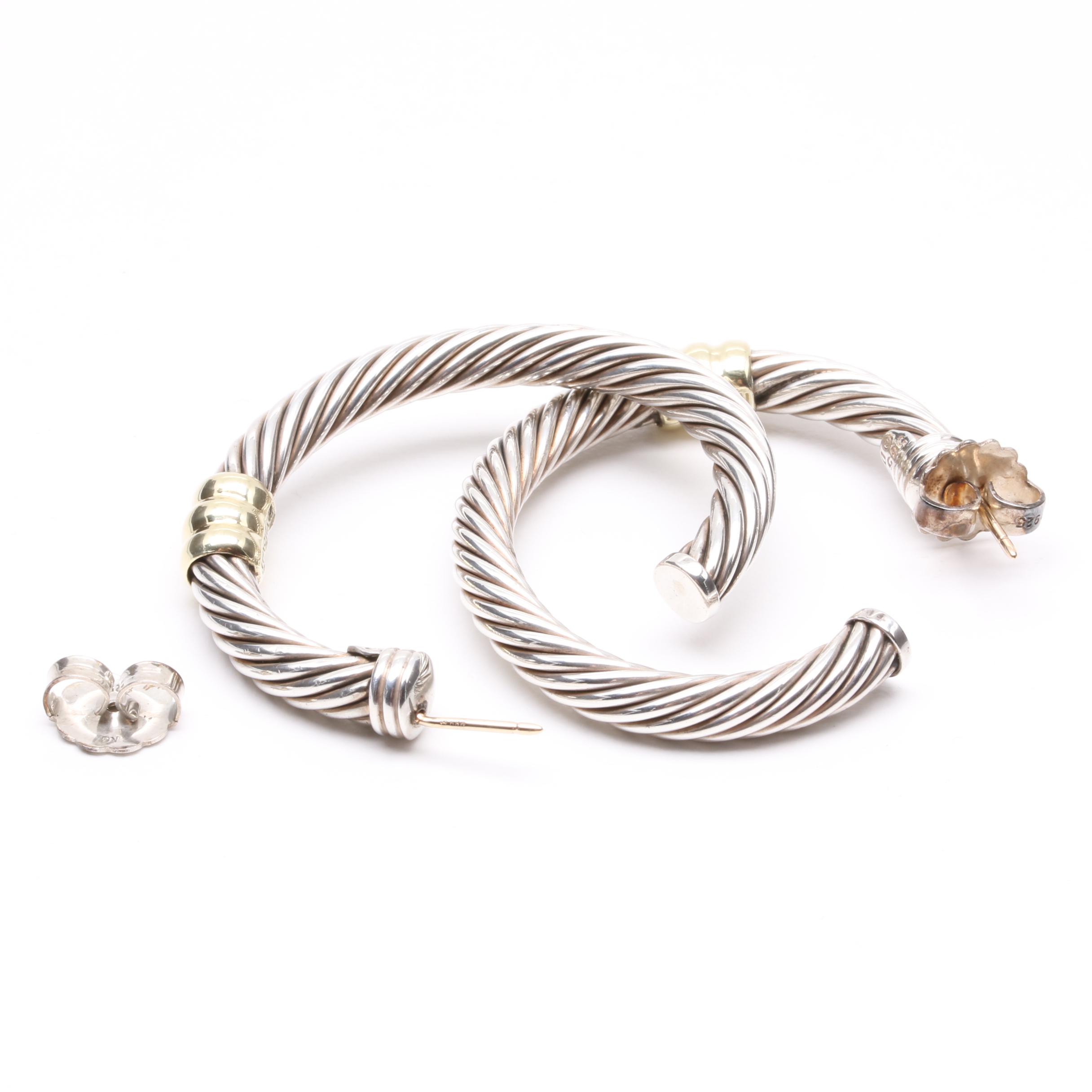 David Yurman Sterling Silver and 18K Yellow Gold Hoop Earrings