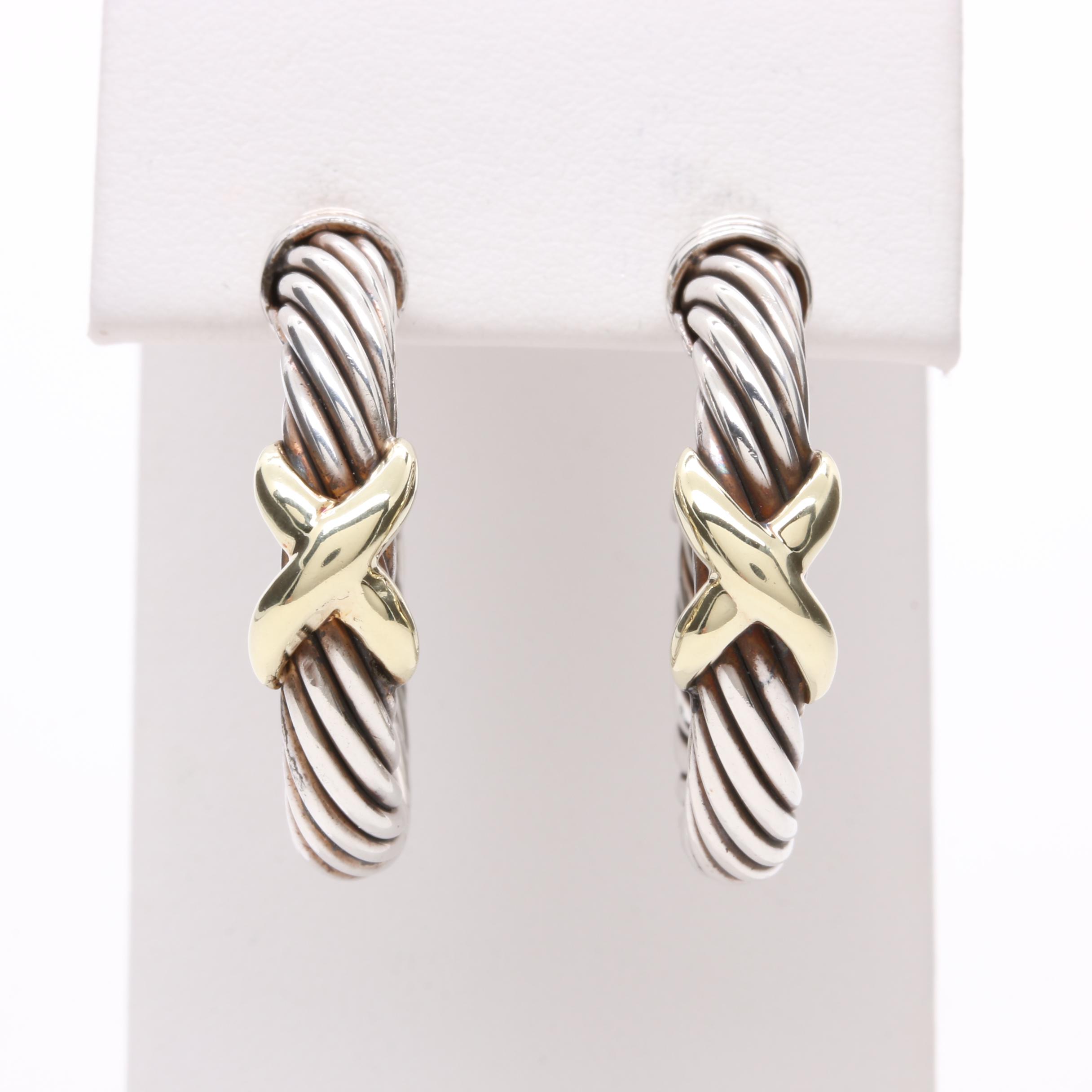 David Yurman Sterling Silver and 18K Yellow Gold Hoop Earrings