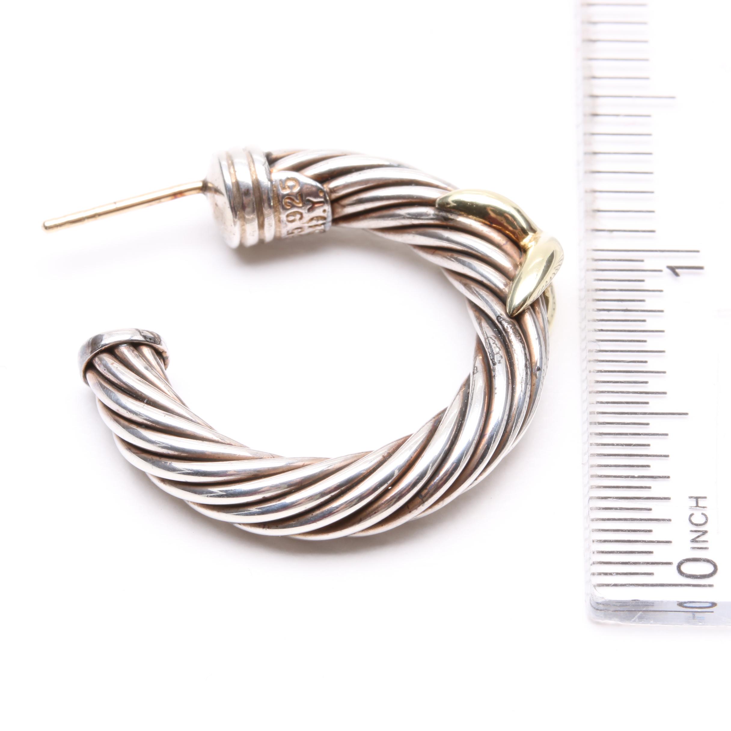 David Yurman Sterling Silver and 18K Yellow Gold Hoop Earrings