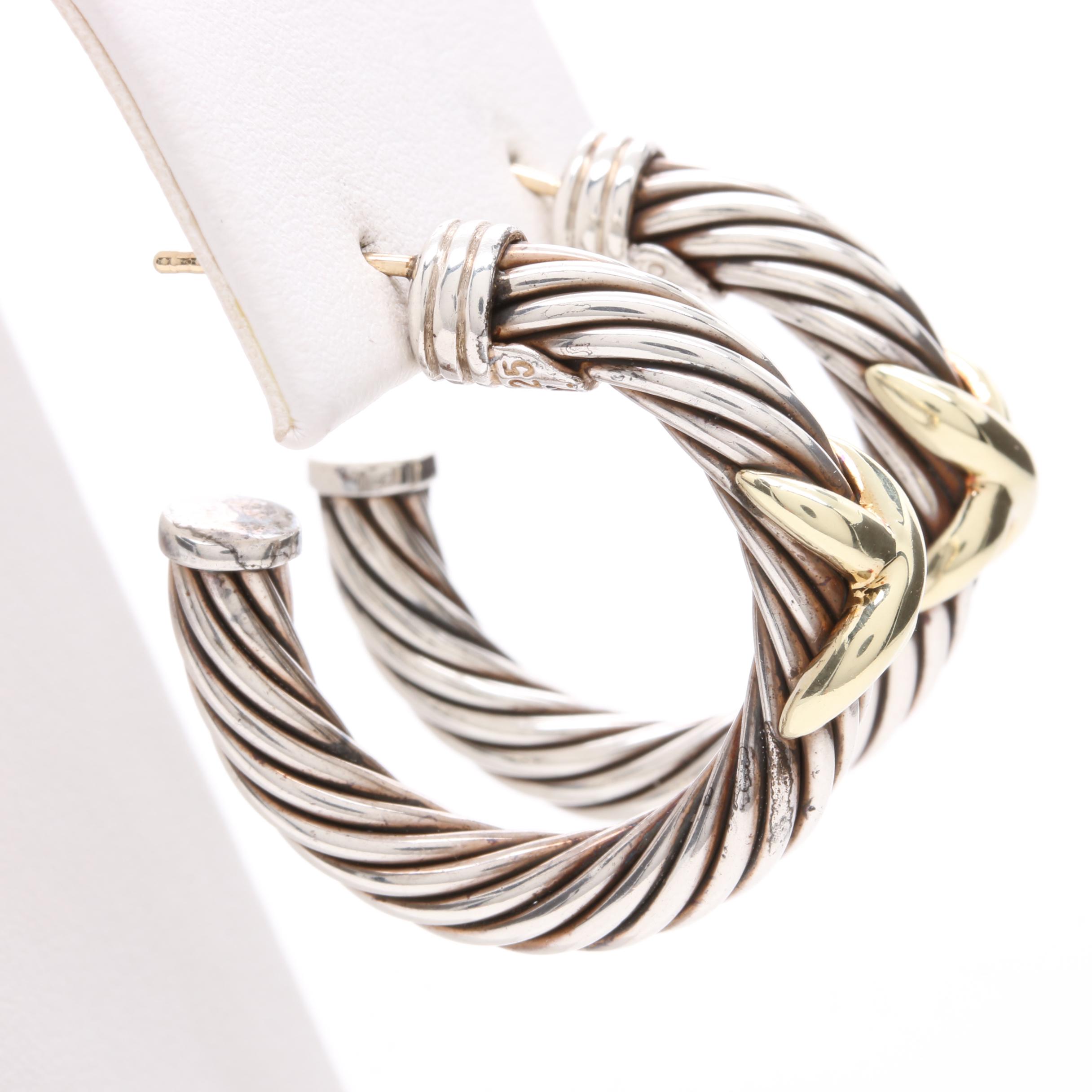 David Yurman Sterling Silver and 18K Yellow Gold Hoop Earrings