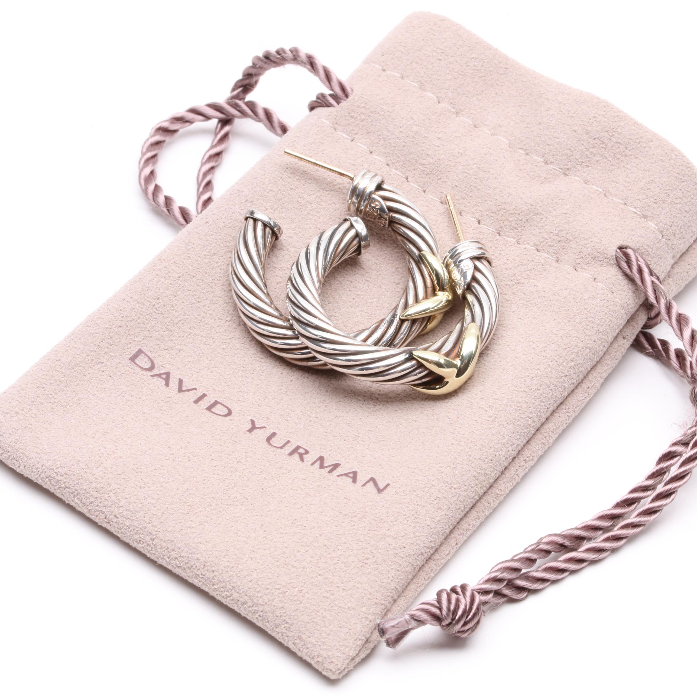 David Yurman Sterling Silver and 18K Yellow Gold Hoop Earrings