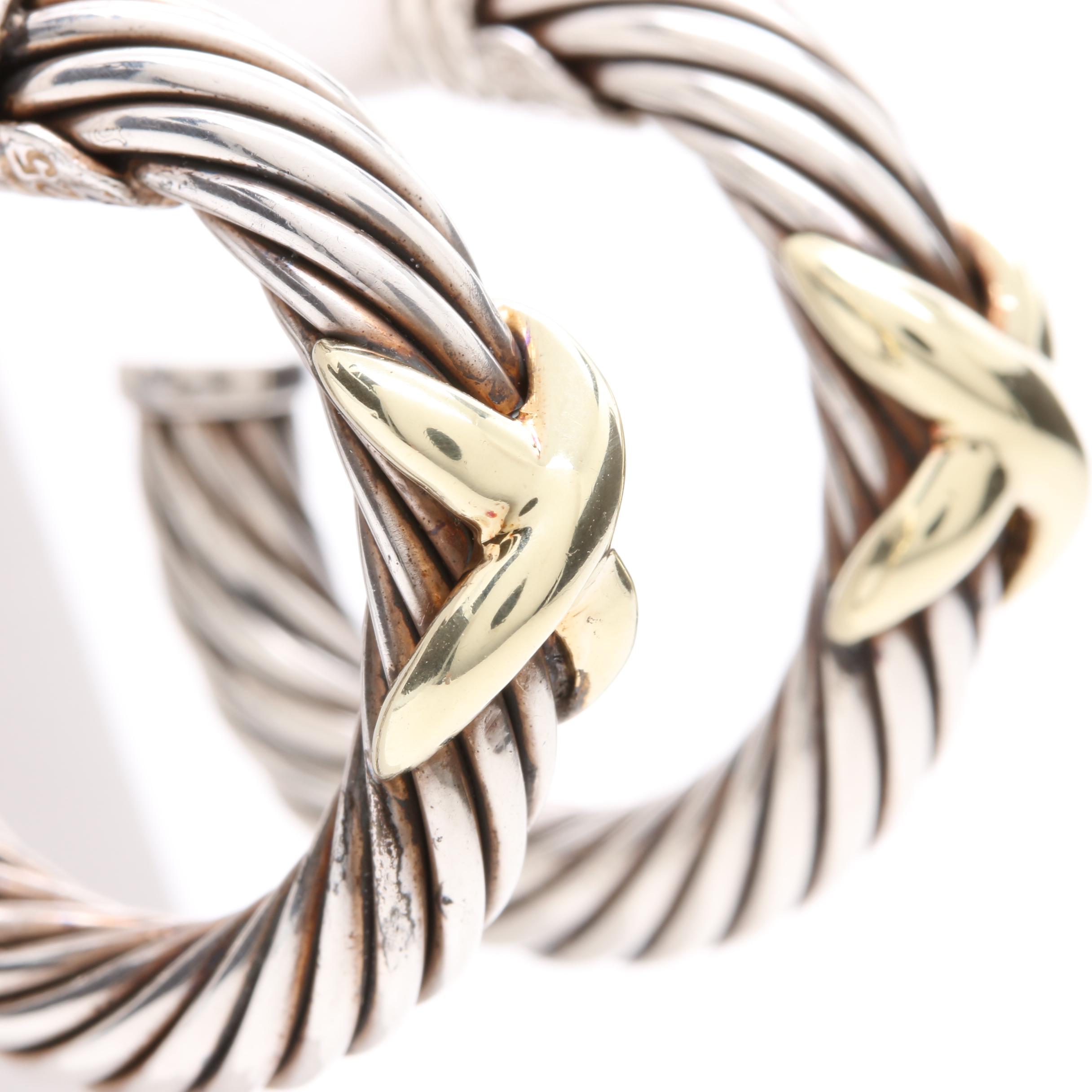 David Yurman Sterling Silver and 18K Yellow Gold Hoop Earrings