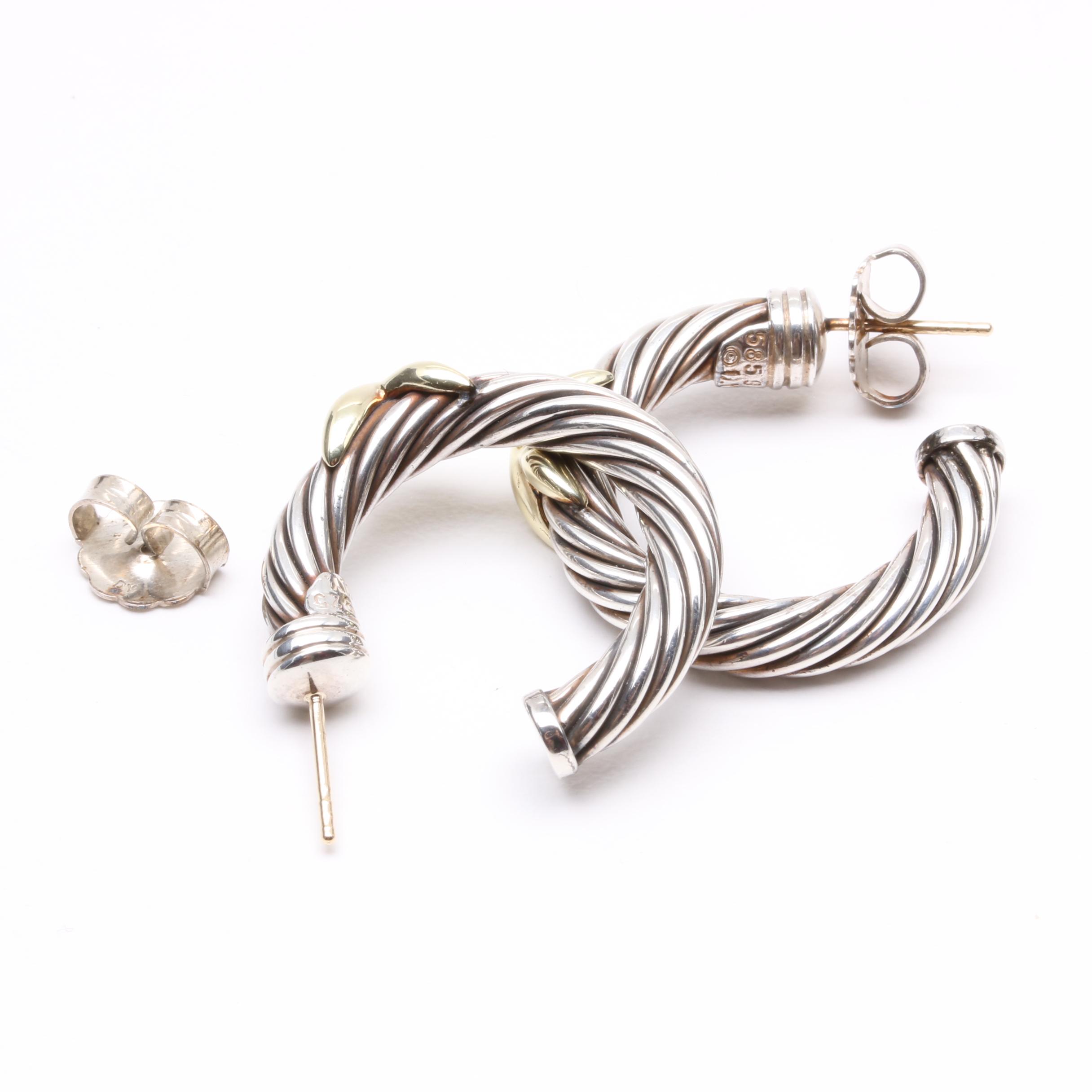 David Yurman Sterling Silver and 18K Yellow Gold Hoop Earrings