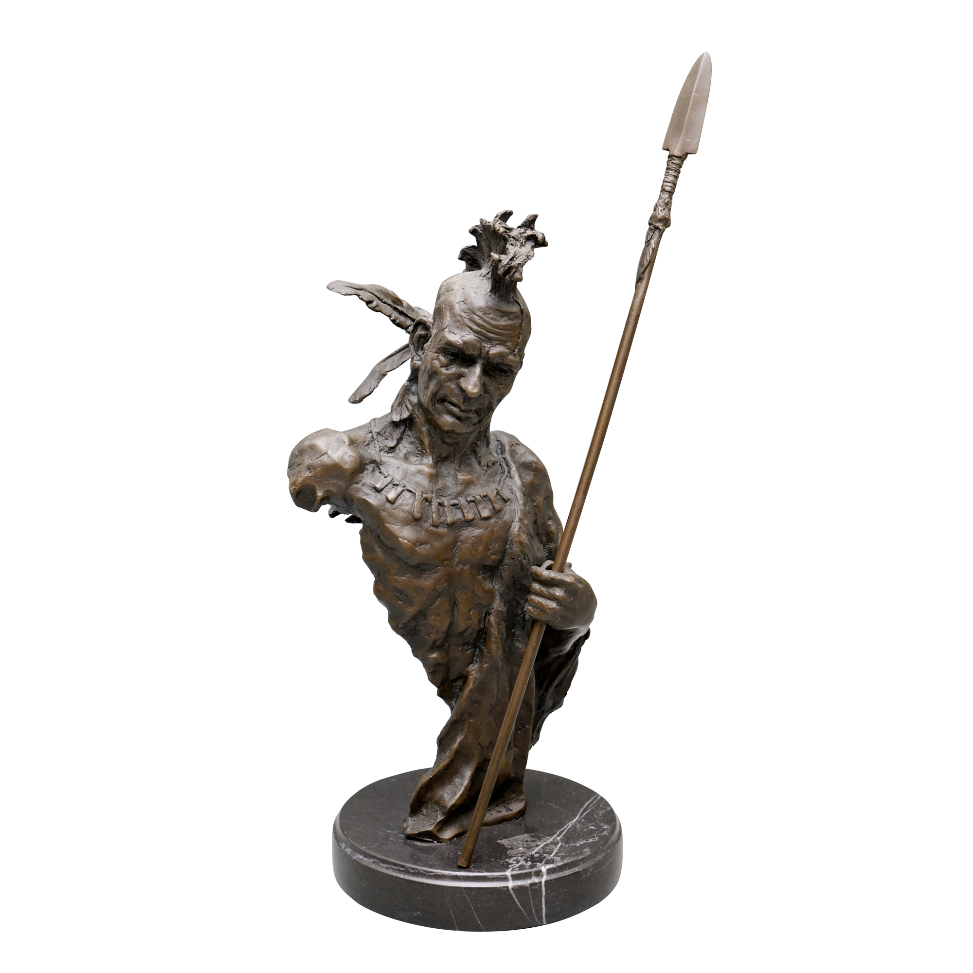Bronze Tone Metal Sculpture of Native American Warrior