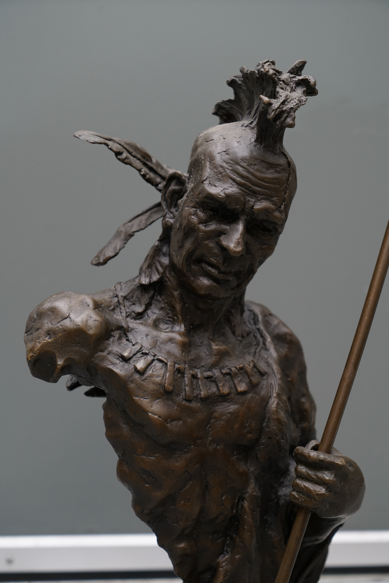 Bronze Tone Metal Sculpture of Native American Warrior