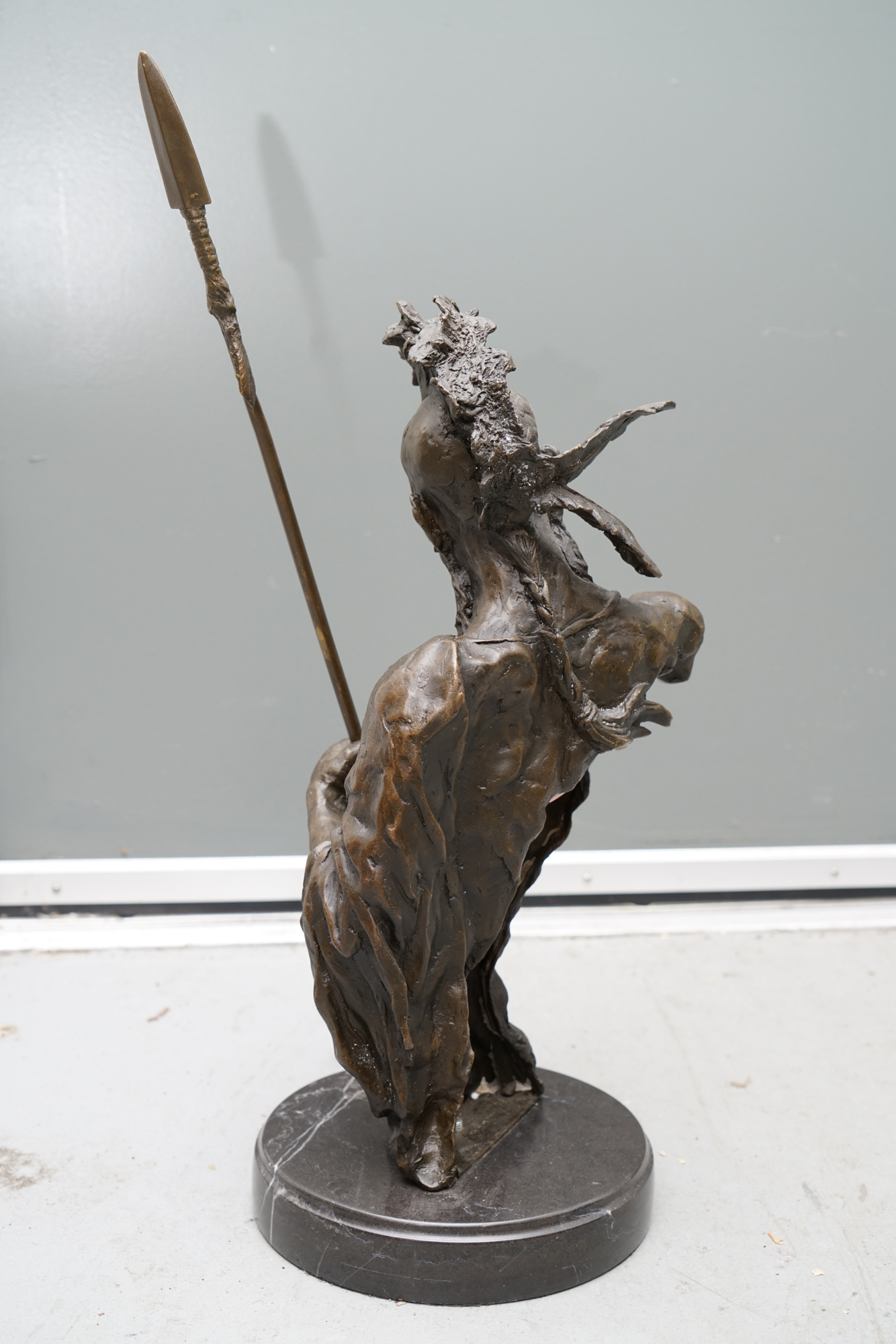Bronze Tone Metal Sculpture of Native American Warrior