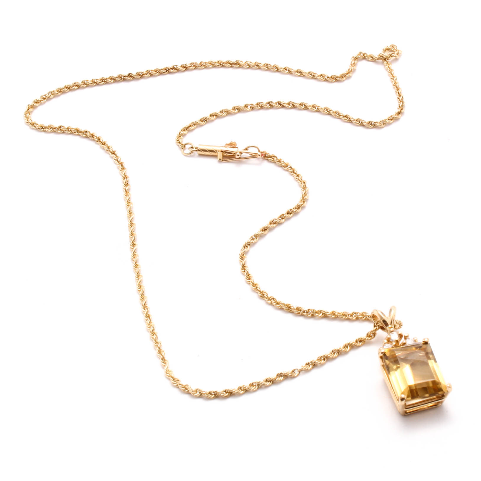14K Yellow Gold Citrine and Diamond Pendant Necklace