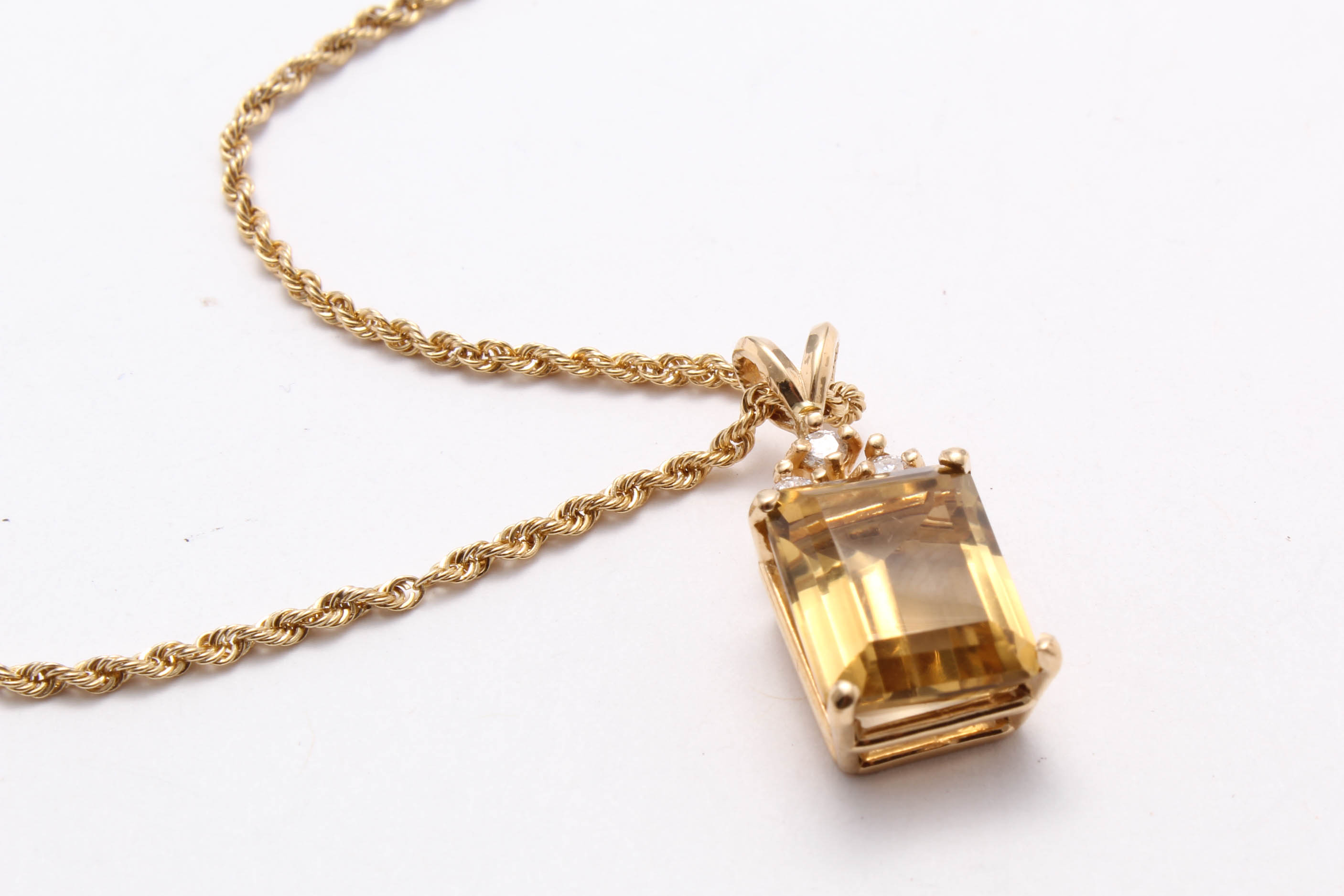 14K Yellow Gold Citrine and Diamond Pendant Necklace