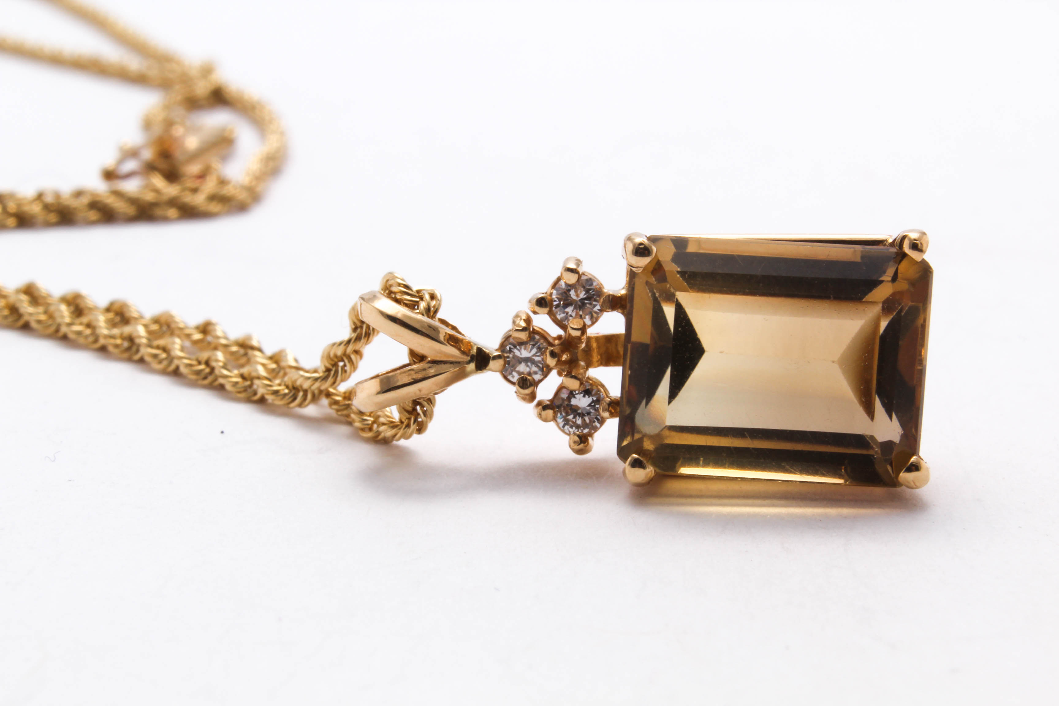 14K Yellow Gold Citrine and Diamond Pendant Necklace
