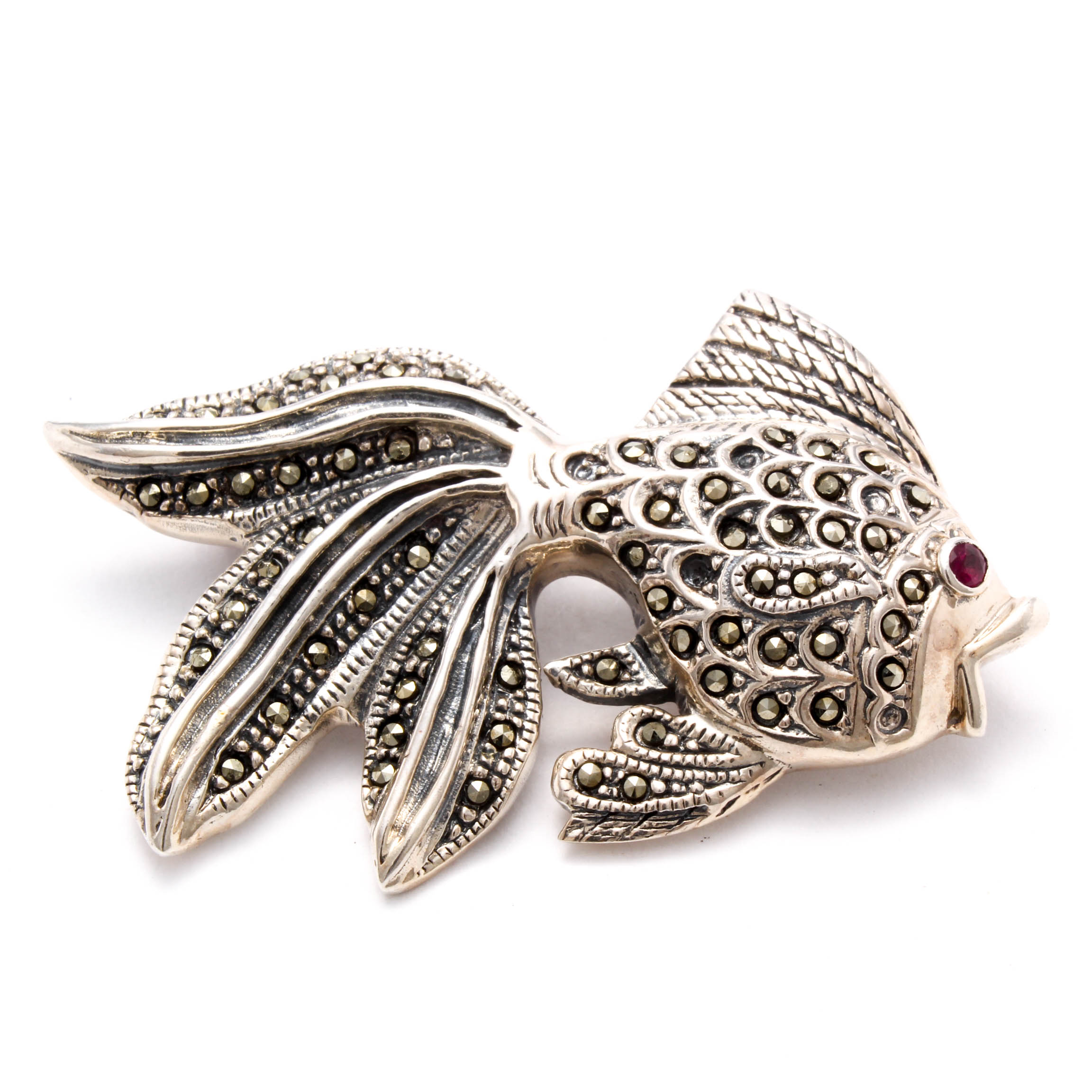 Sterling Silver Synthetic Ruby and Marcasite Brooch